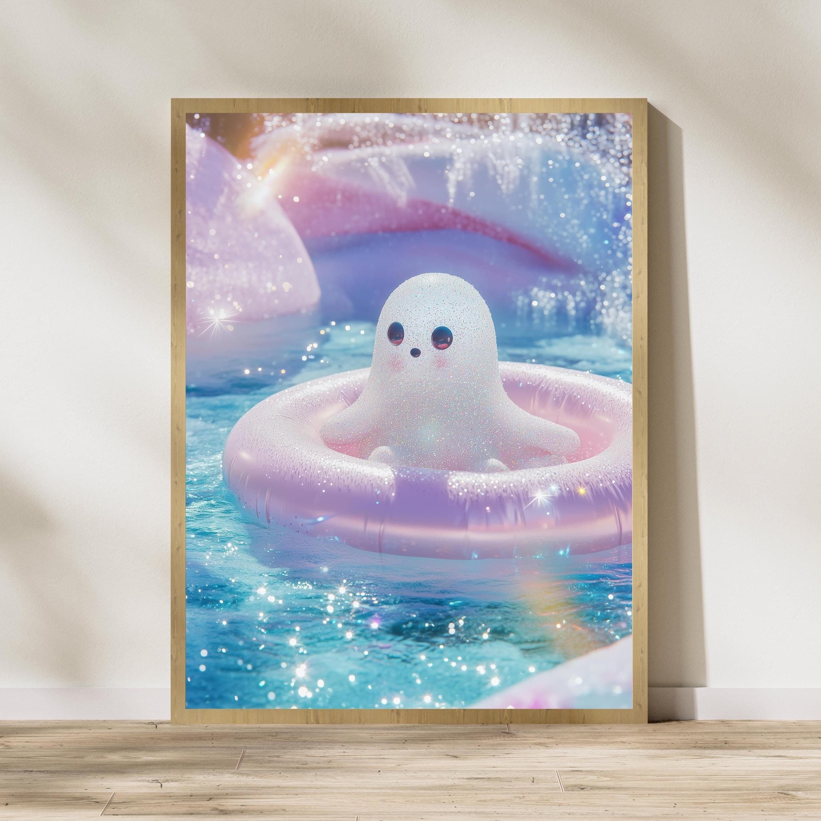 Cute Ghost Art Print, Halloween Art Print, Kawaii Ghost Art Print, Cute Seal Ghost Illustration, Pastel Sparkle Pool Art, Whimsical Decor