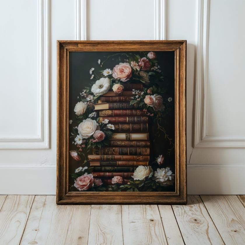 Dark Academia Wall Art Decor, Vintage Books Art, Romantic Dark Academia Poster, Cottagecore Flower and Antique Book Print, Vintage Aesthetic