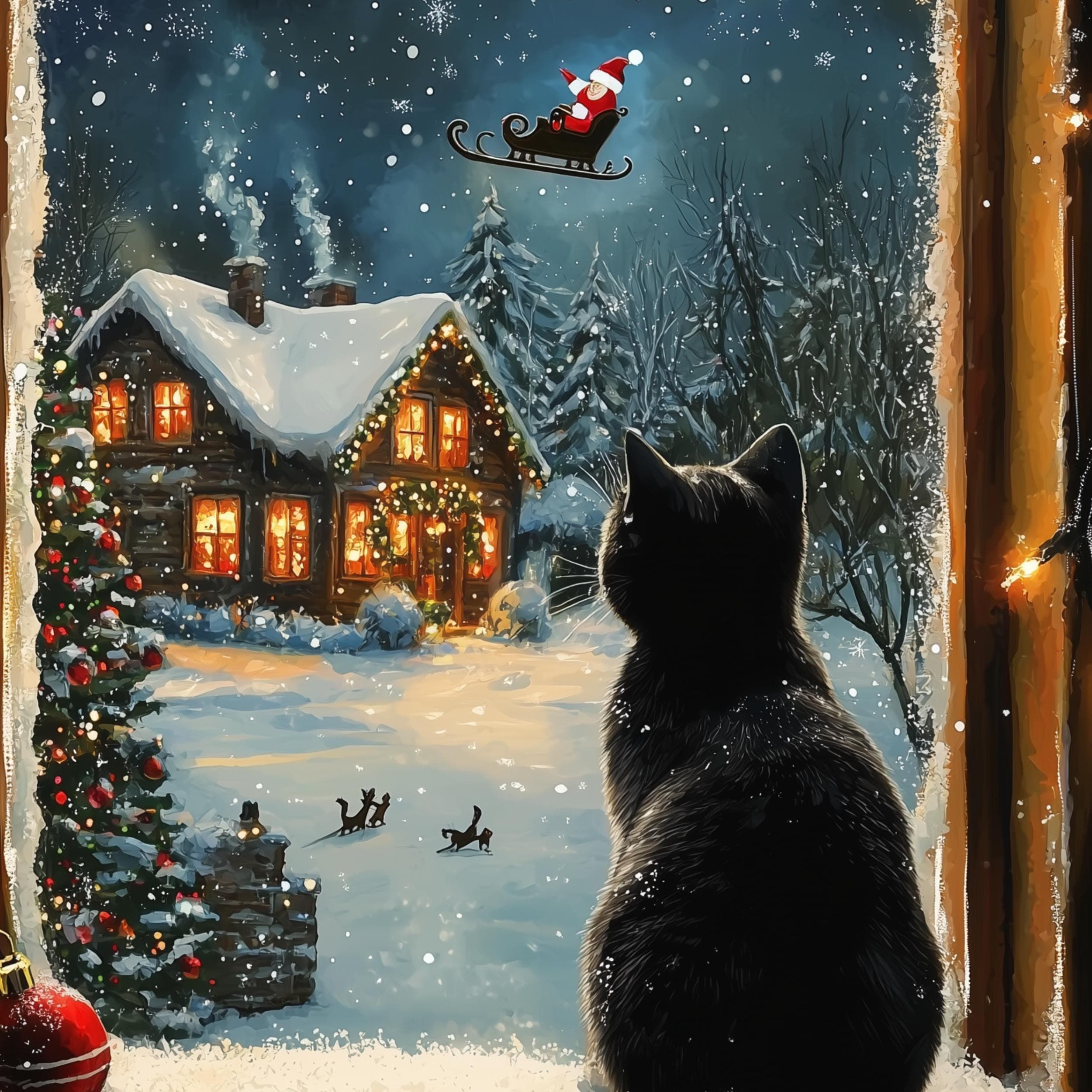 Black Cat Christmas Art Print: Santa, Snowy Cabin (Digital Download) - view 2