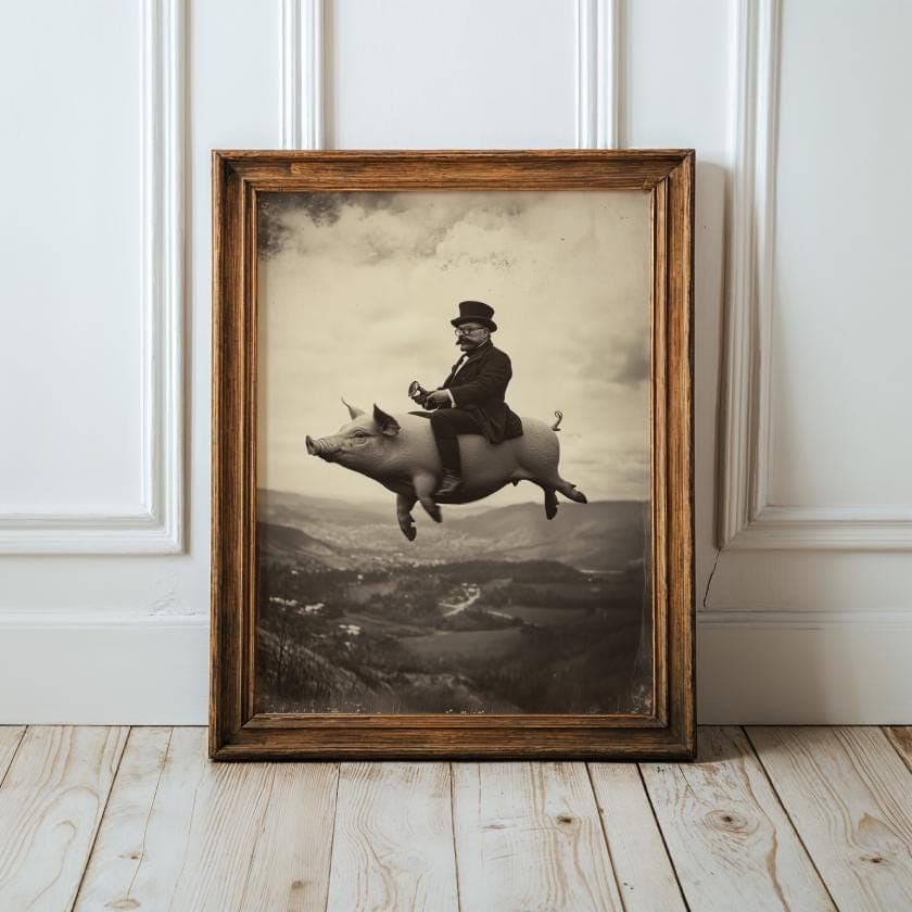 Flying Pig Wall Art – Surreal Vintage Gentleman Riding Pig Print, Digital Wall Art, Sepia Surreal Art, Retro Fantasy Wall Decor, Funny Pig