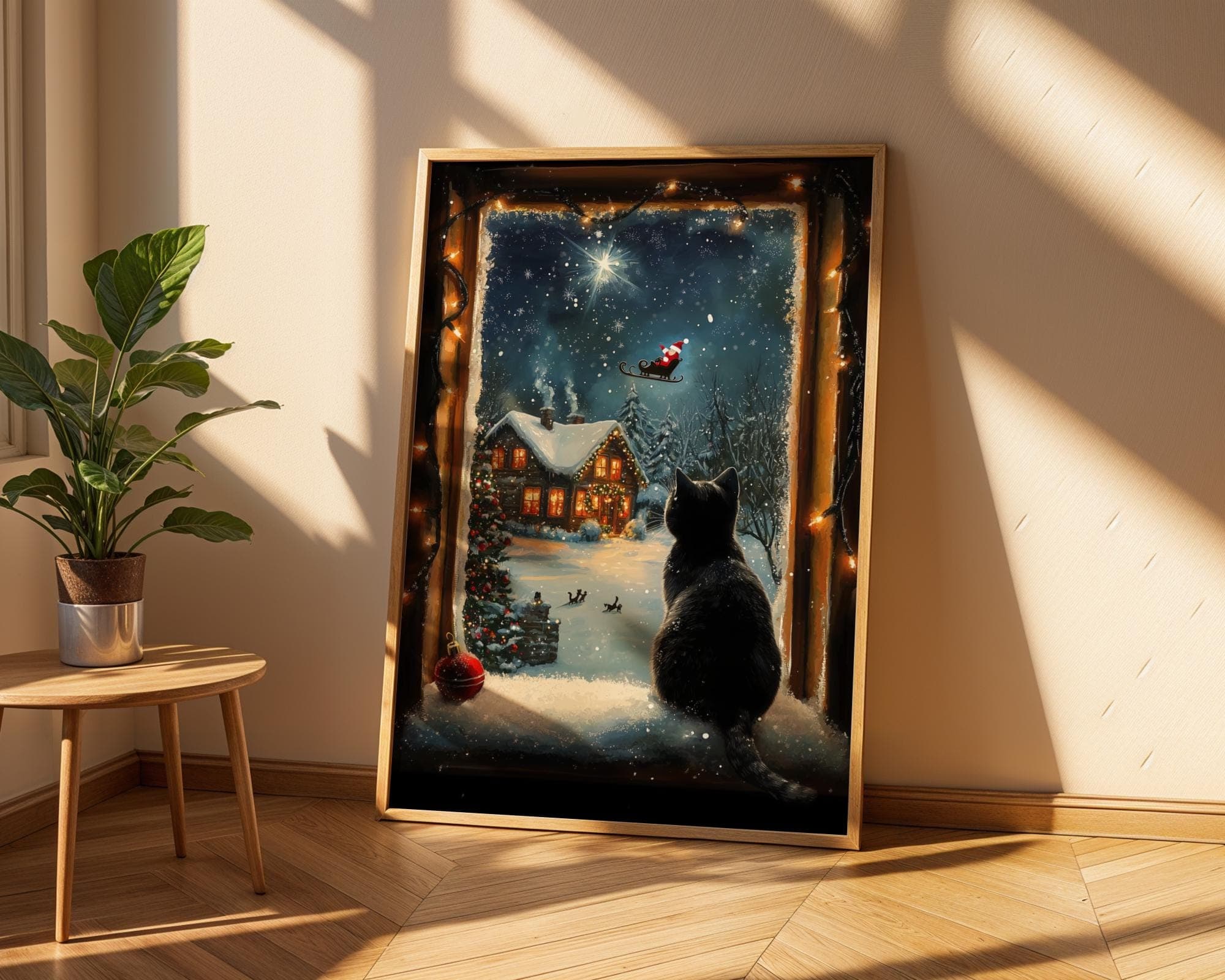 Black Cat Christmas Art Print: Santa, Snowy Cabin (Digital Download) - view 3