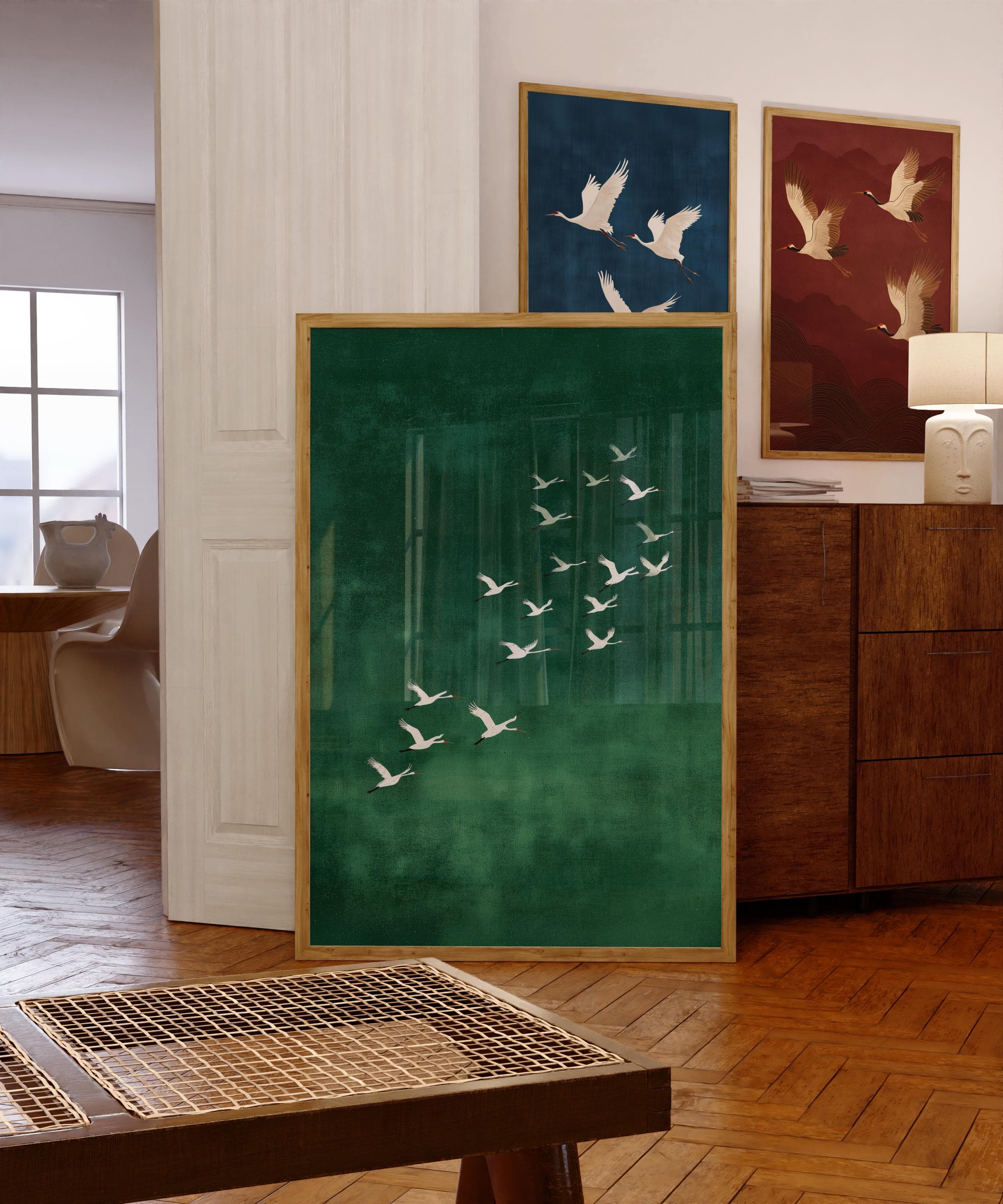 Minimalist White Crane Wall Art | Japandi Crane Print on Emareld Green Background, Minimalist Bird Wall Art, Tranquil Bird Print, Crane Art