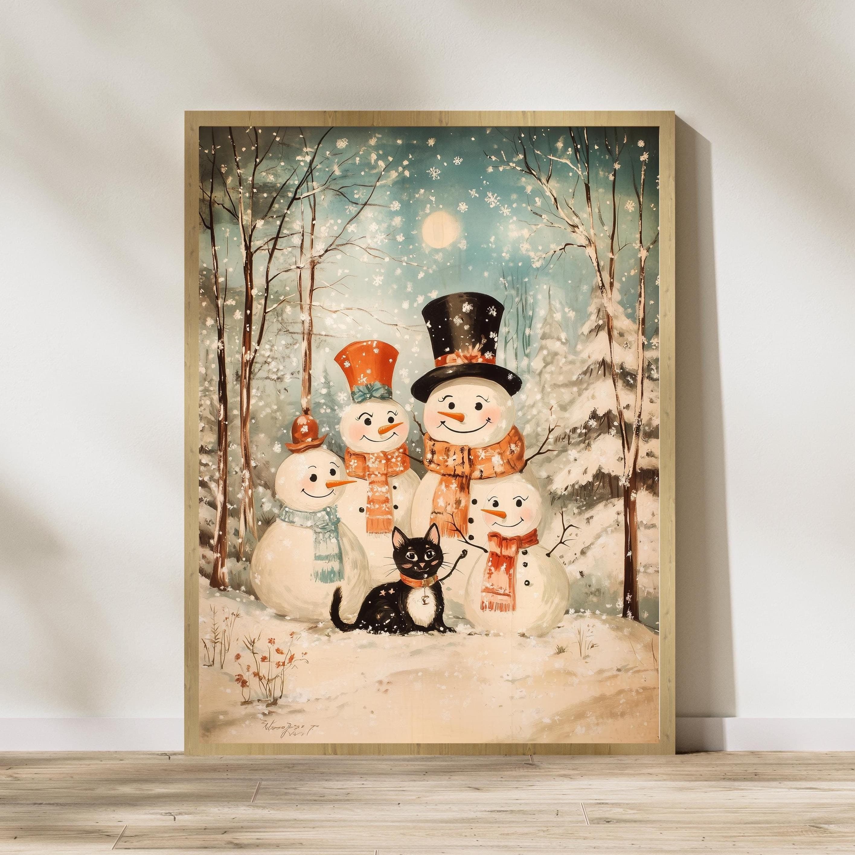 Vintage Snowman Family with Black Cat Painting | Printable Wall Art | Christmas | Antique Christmas Wall Art, Christmas Kids Room Wall Art