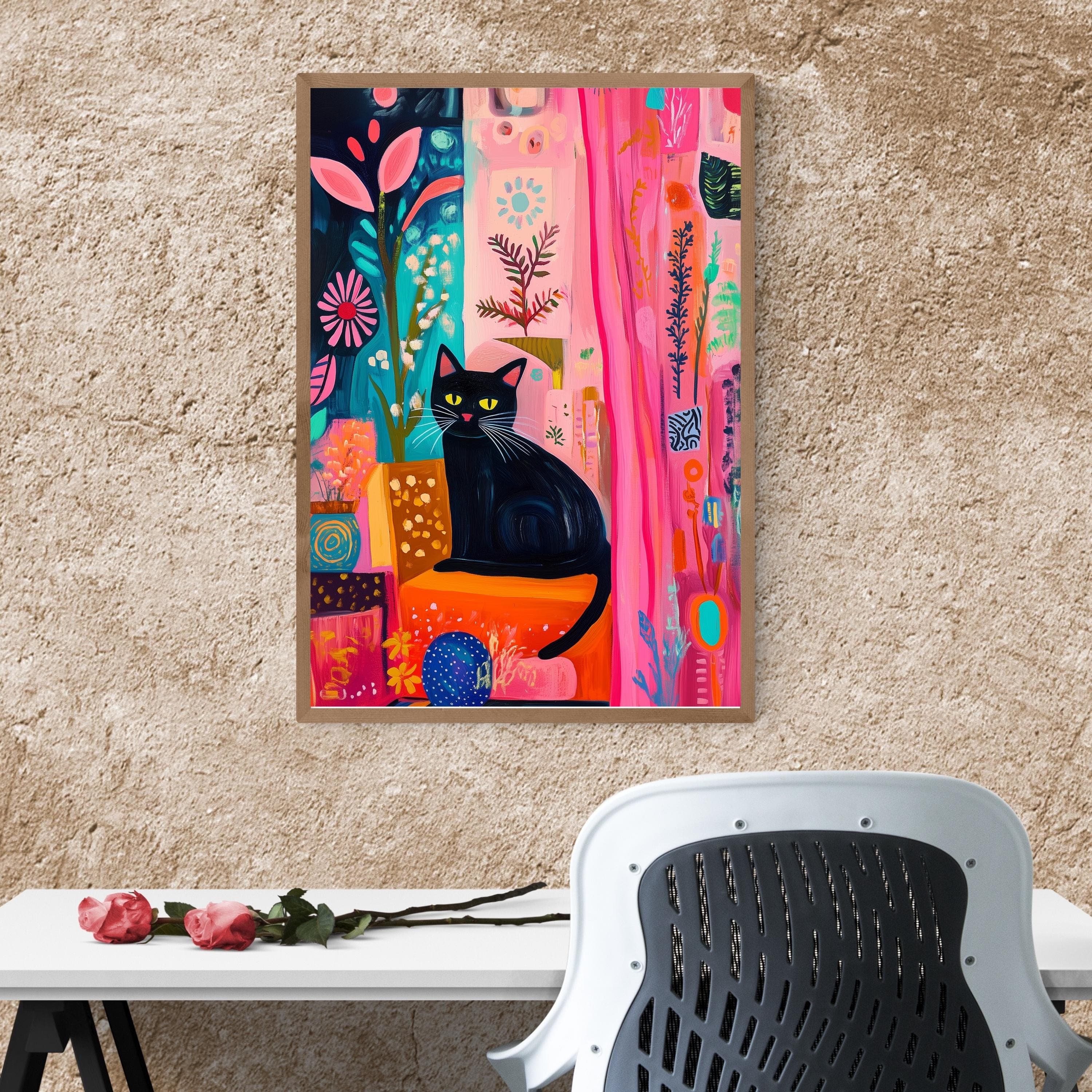 Black Cat with Bright Florals Poster, Pink and Teal Art Print, Colorful Black Cat Art, Preppy Room Decor, Abstract Black Cat Poster - view 2
