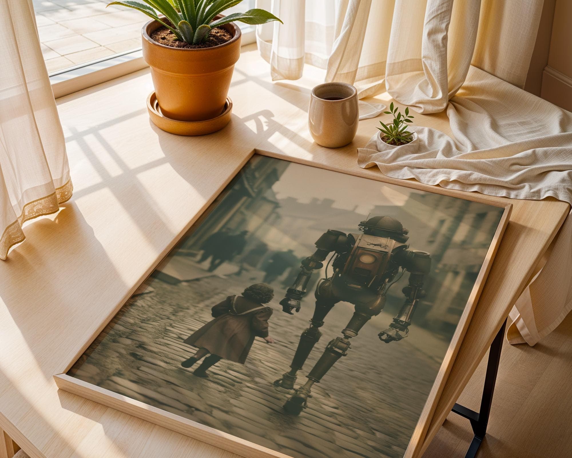 Surreal Robot and Child Print β Futuristic Steampunk Fantasy Artwork for Boys Room or Sci Fi Lovers, Whimsical Steampunk Wall Decor - view 5