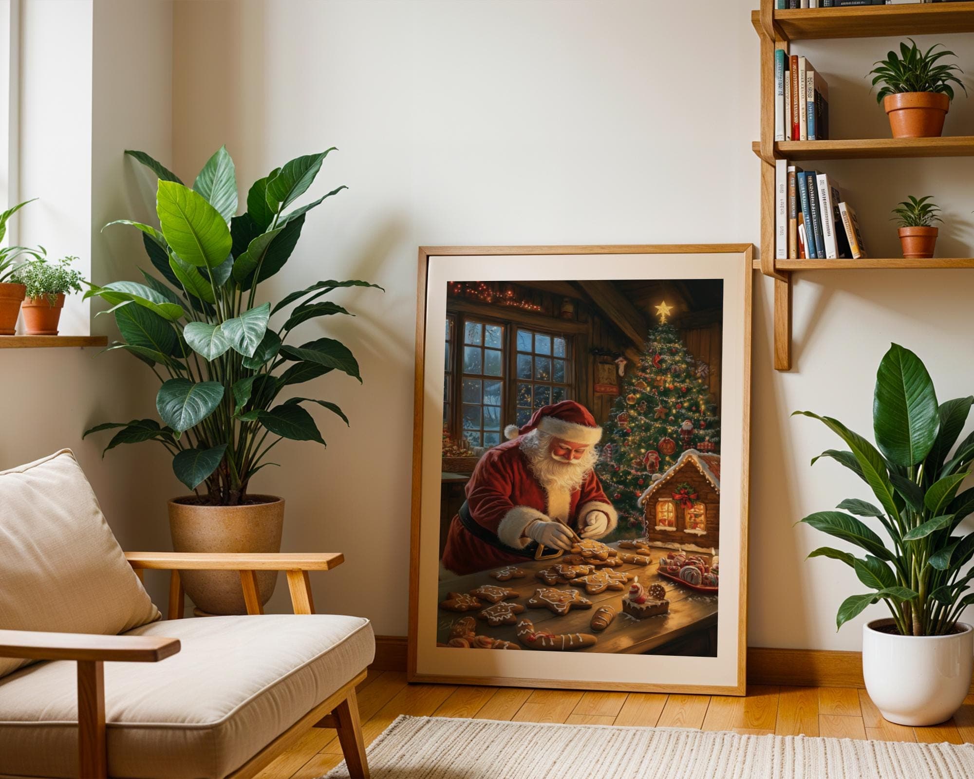 Christmas Gingerbread House and Santa Art Print, Vintage Cozy Christmas Wall Art Print, Printable Kitchen Home Decor, Digital Download - view 4
