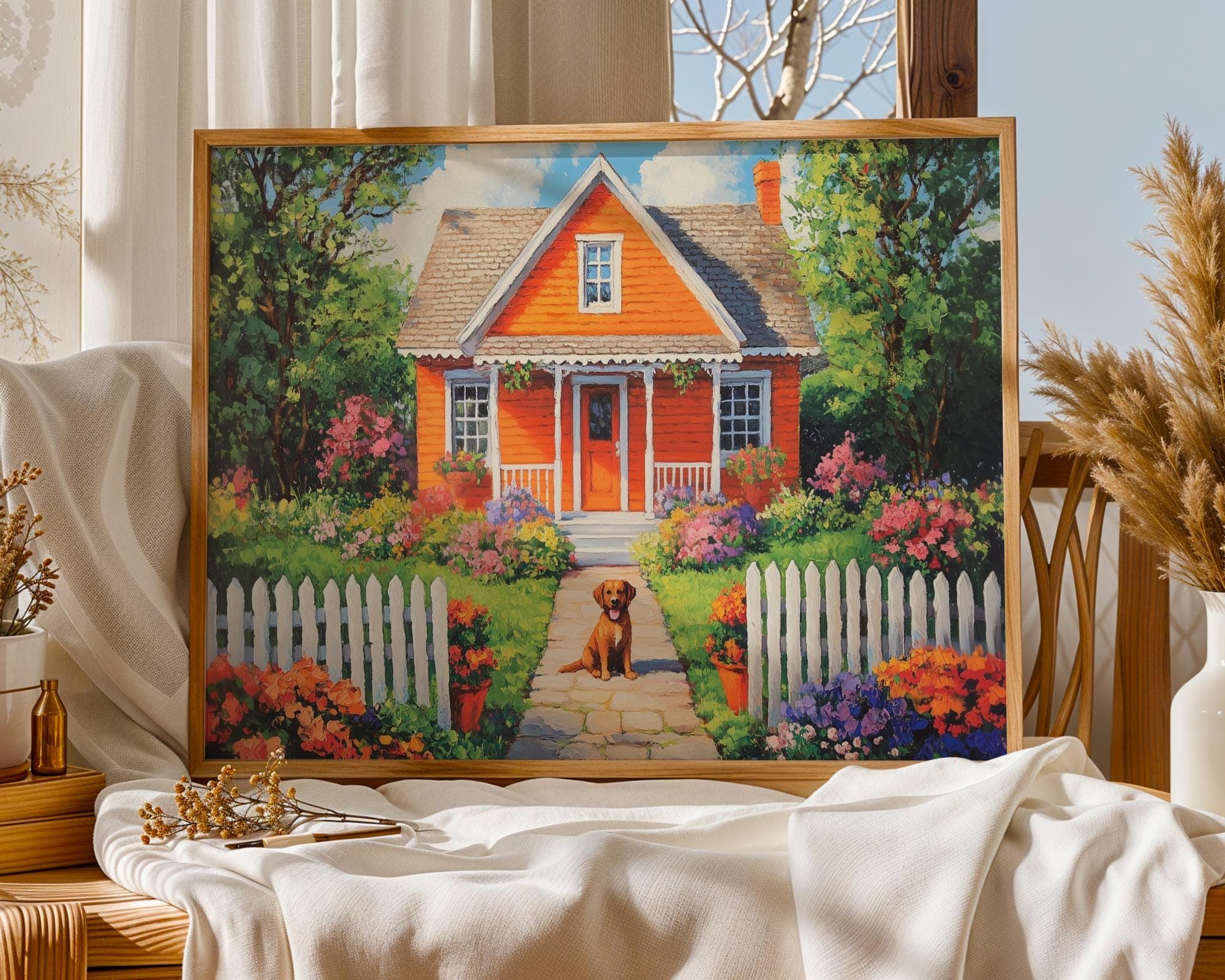 Colorful Garden House Painting, Garden Cottage Wall Art, Cottagecore Dog Poster, Rustic Home Floral Print, Colorful Floral Garden Print