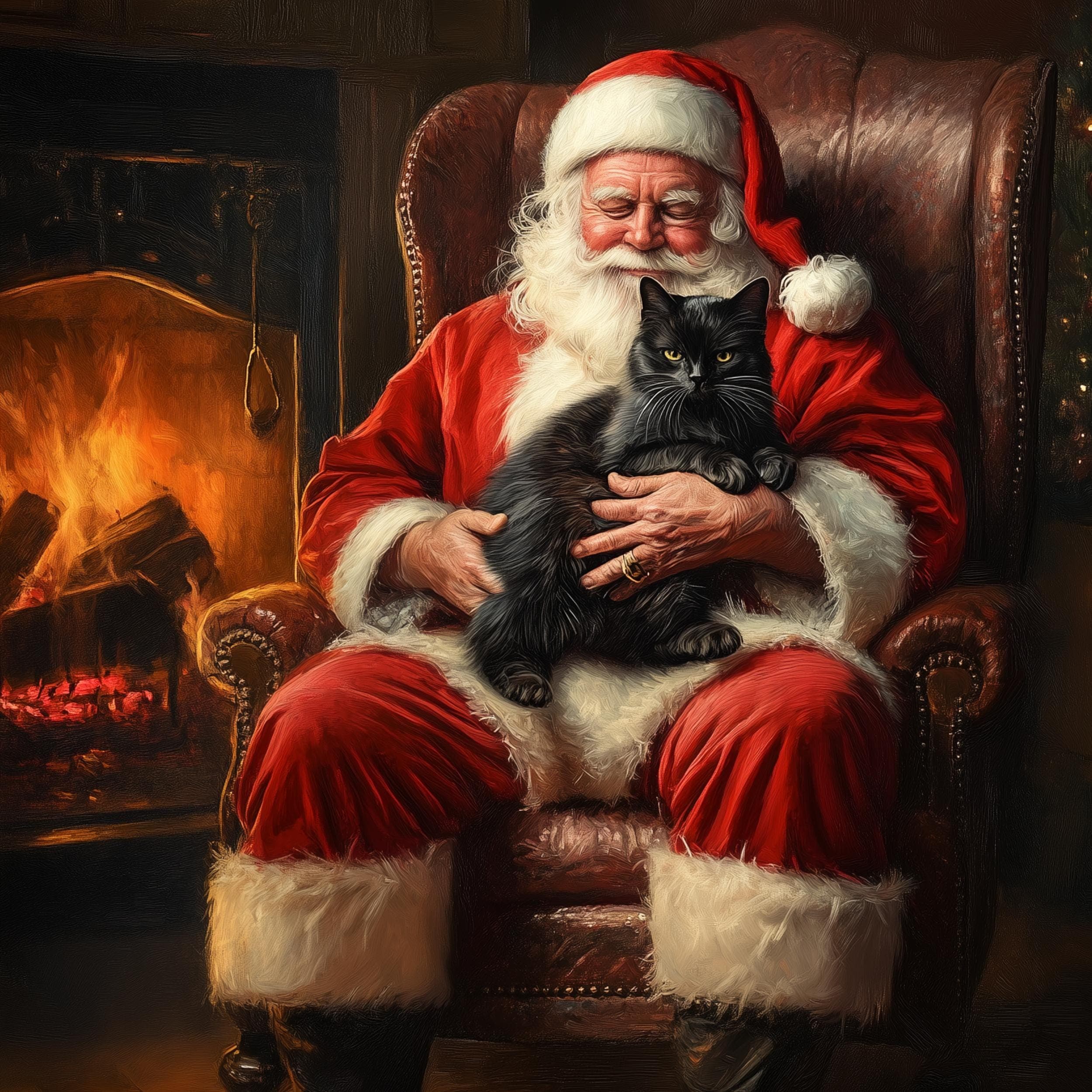 Santa Claus with Black Cat - Cozy Christmas Wall Art Print, Christmas Wall Decor, Whimsical Cat and Santa Claus Print, Digital Download - view 2