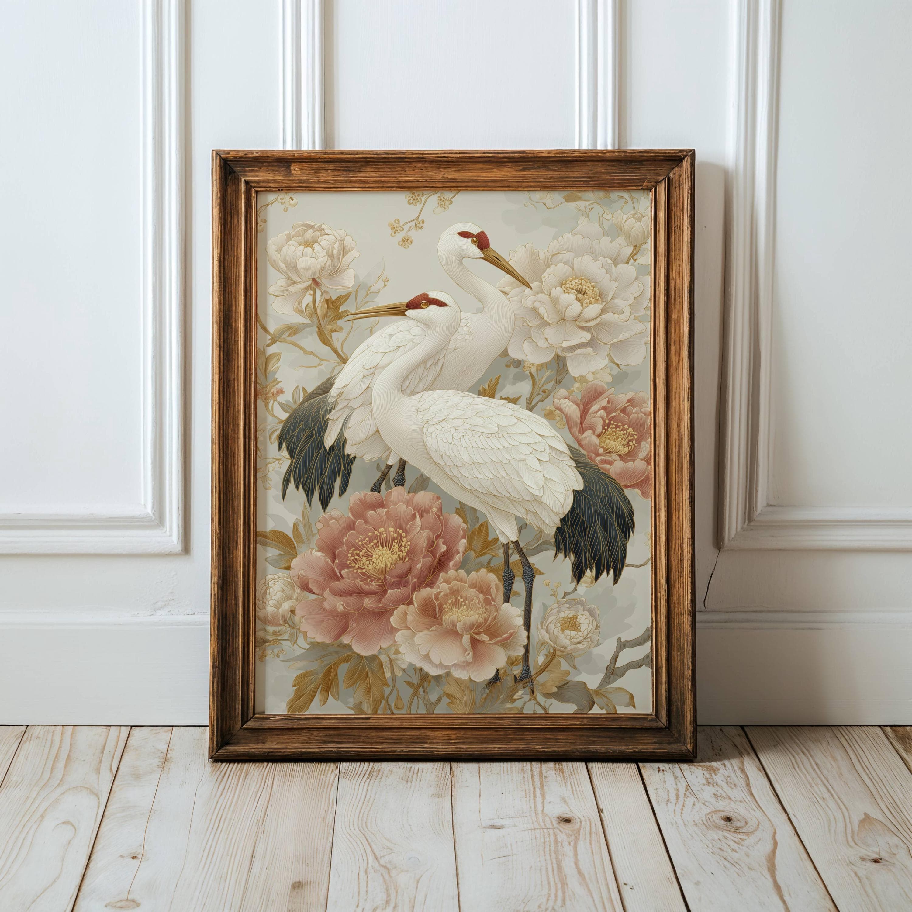 Japanese Crane Wall Art Print, Vintage Asian Bird Painting, Chinoiserie Floral Decor, Elegant Oriental Art, Crane Wall Art Vintage Floral