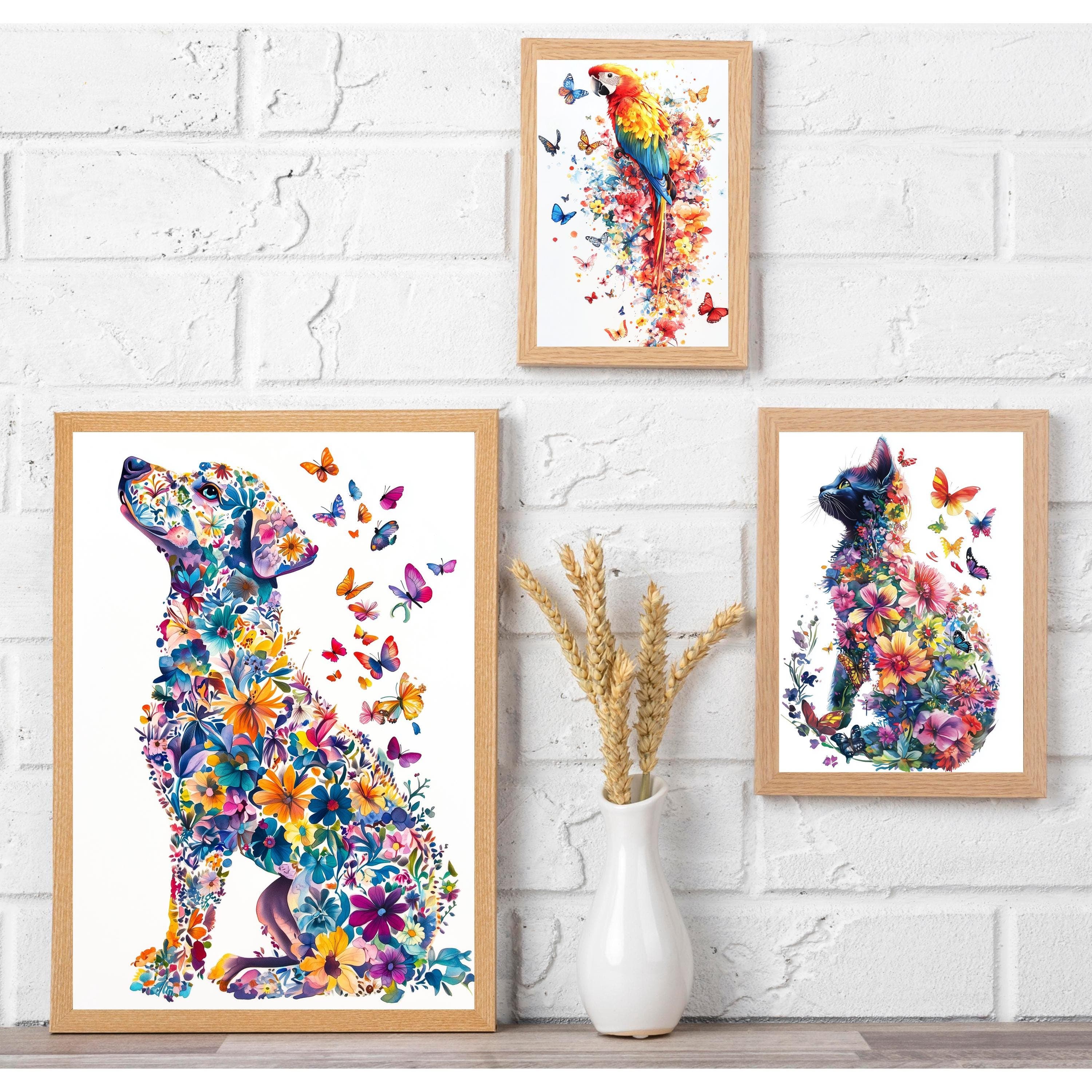 Whimsical Animal Wall Art Set, Floral Animal Art for Kids, Butterfly and Flower Animal Wall Art, Dog, Cat, Parrot Art Prints for Kids, Set 3 - view 6