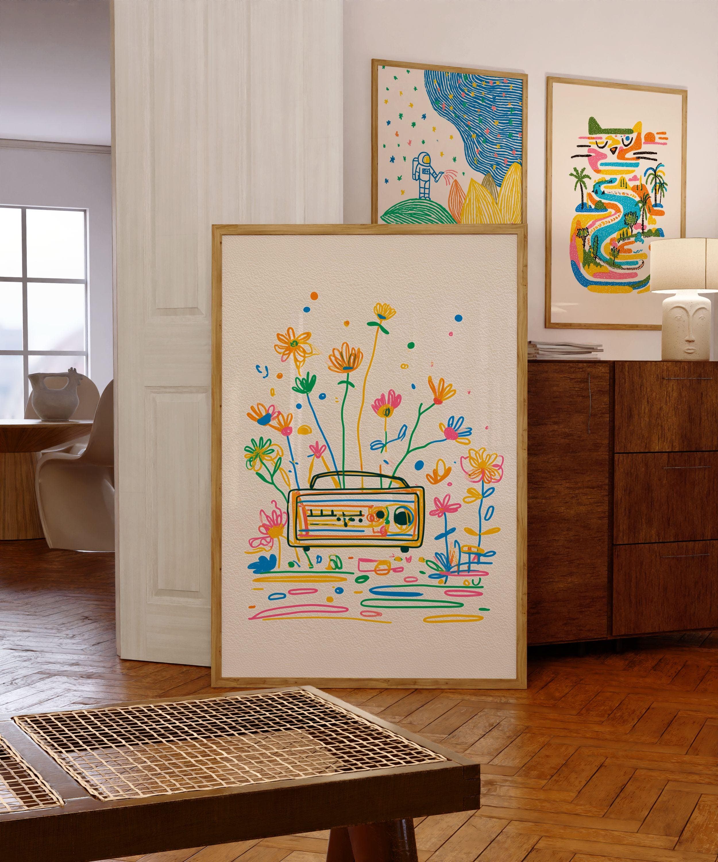 Retro Radio Print, Modern Colorful Line Drawing, Funky Pop Art Print, Abstract Retro Print, Bright Wall Decor, Colorful Vintage Radio Poster