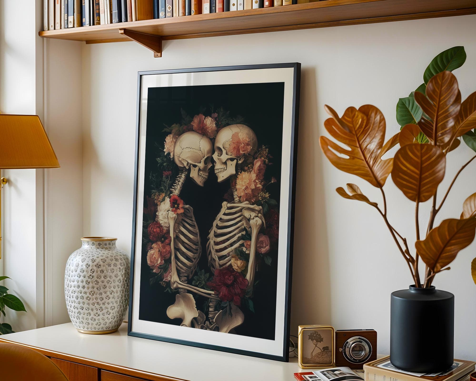 Floral Skeleton Embrace Print – Gothic Love Wall Art, Skeleton Couple Wall Art, Vintage Floral Gothic Romance Print, Floral Skeleton Poster - view 2