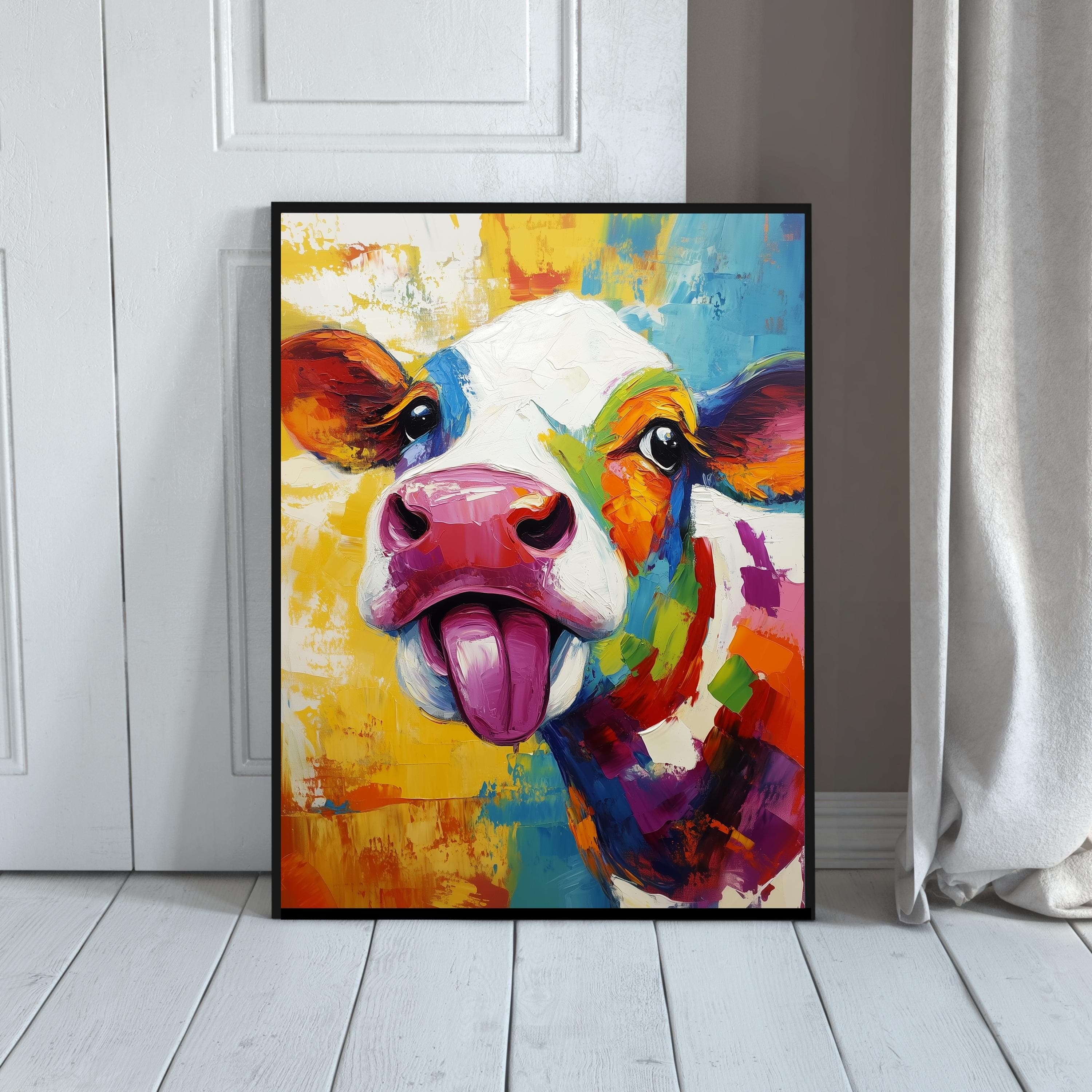 Colorful Bull Painting, Playful Bull with Tongue Out, Abstract Bull Painting, Colorful Pop Art Cow, Digital Bull Wall Art, Colorful Pop Art - view 6