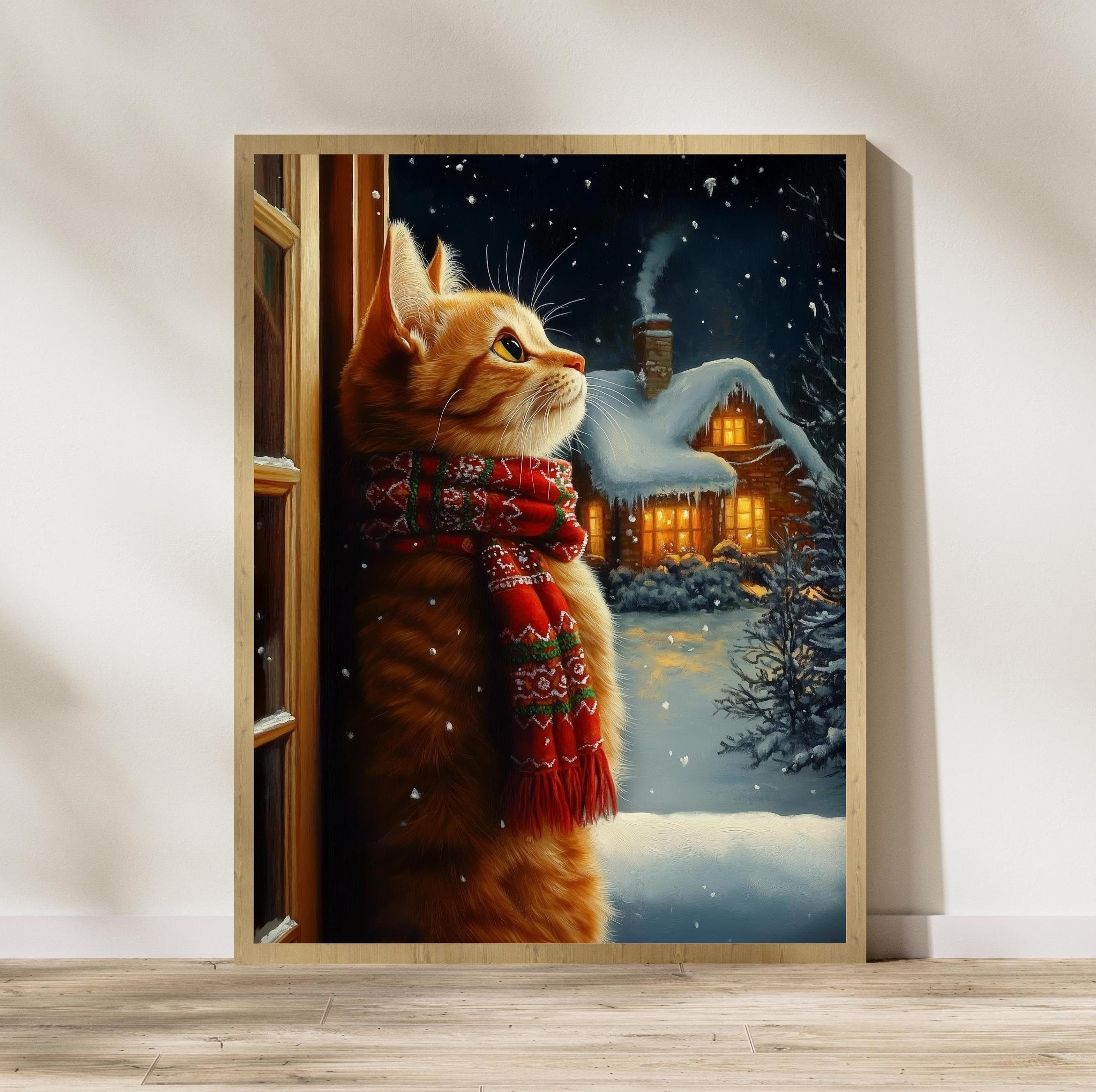 Orange Cat in Scarf Art, Holiday Wall Decor, Festive Cat Wall Art, Orange Cat Christmas Print, Winter Cat Illustration, Christmas Decor