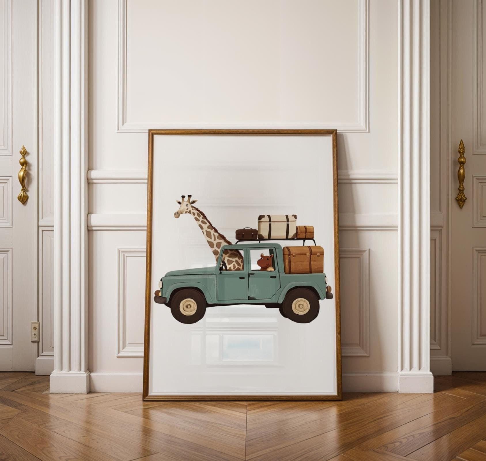 Whimsical Safari Animal Wall Art, Nurserywall Art, Farmhouse Safari Animal Art, Nursery Animal Travel Painting, Safari Animals Home Decor