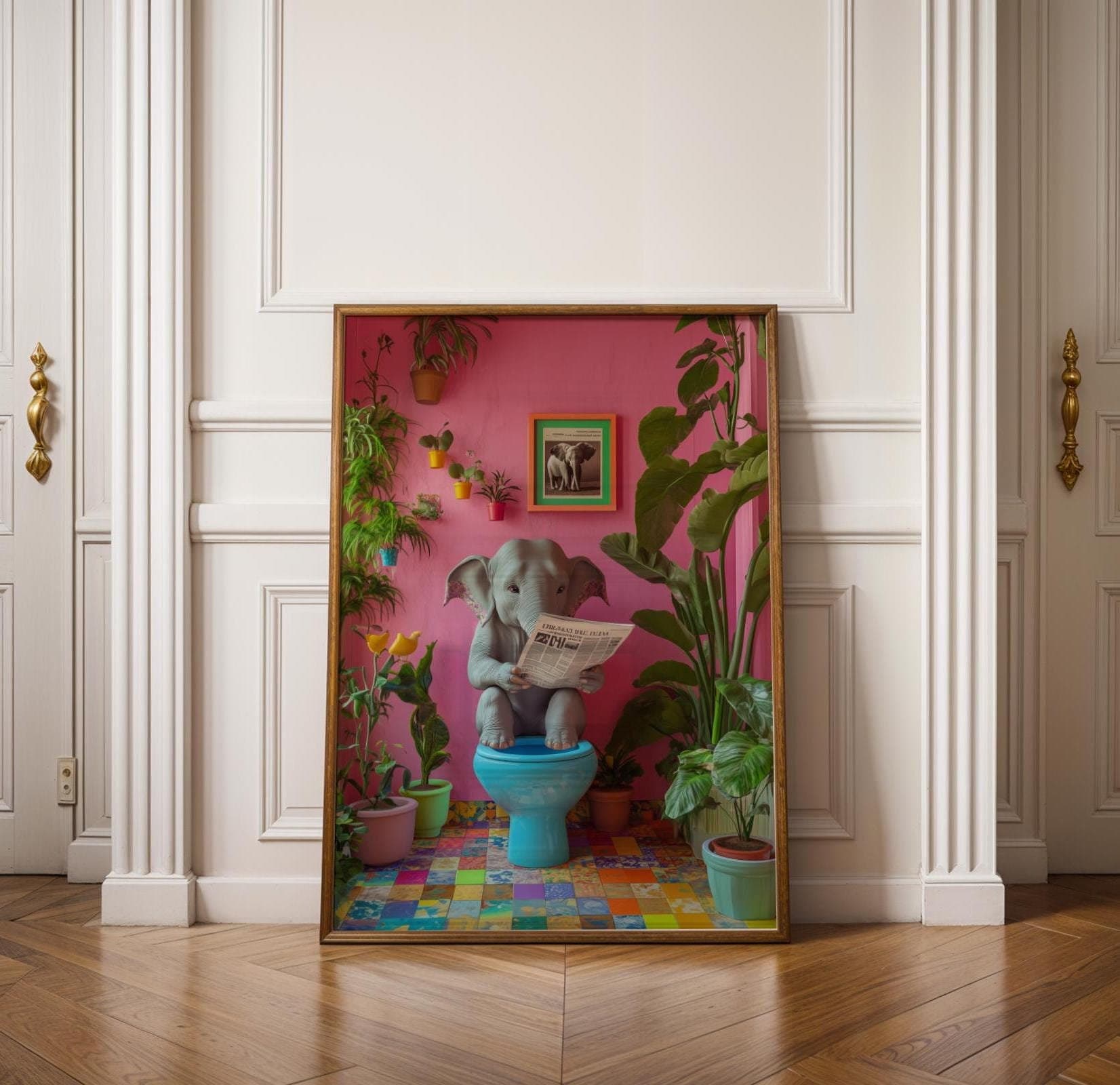 Funny Elephant Bathroom Art, Pink Toilet Art, Quirky Pink Jungle Wall Decor, Restroom Aesthetic Print, Funny Bathroom Decor,Digital Download