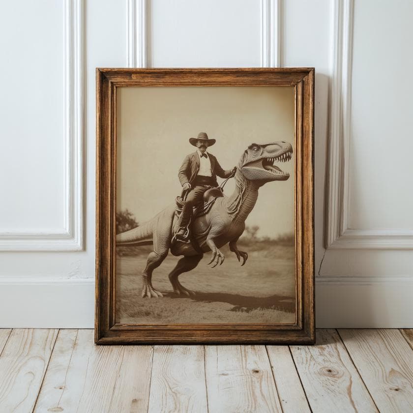 Dinosaur Cowboy, Vintage photography, Art Poster Print, Dark Academia, Gothic Occult Poster, Gothic Home Decor, Retro Western Print, T-rex