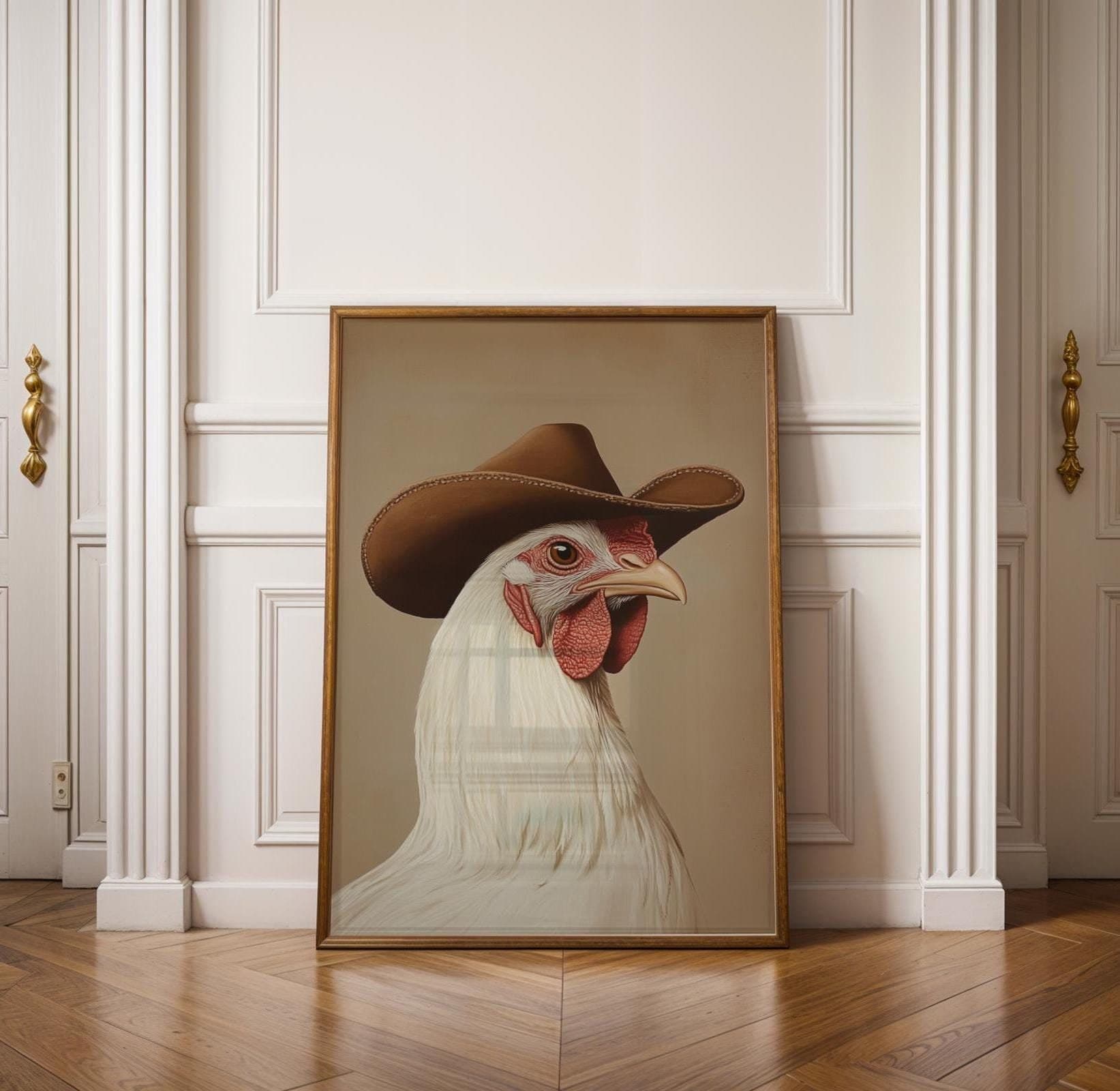 Funny Chicken with Cowboy Hat, Rustic Rooster Print, Digital Download, Vintage Rooster Wall Print, Funny Cowboy Rooster Art, Farm Animal Art