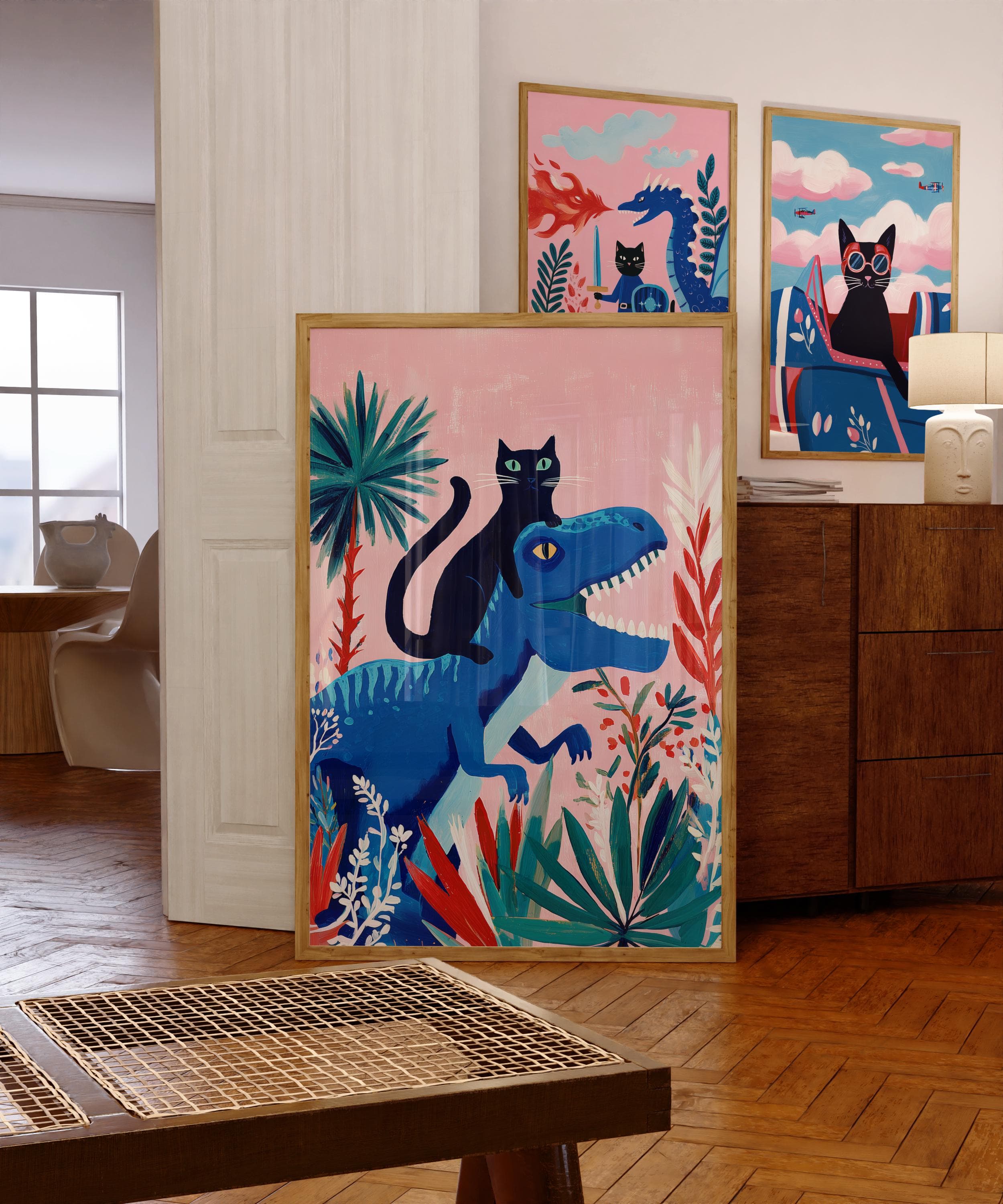 Whimsical Cat Riding Dinosaur Wall Art, Whimsical Black Cat Wall Art, Funny Black Cat Art, Digital Download, Cat and Dino Print, Printable