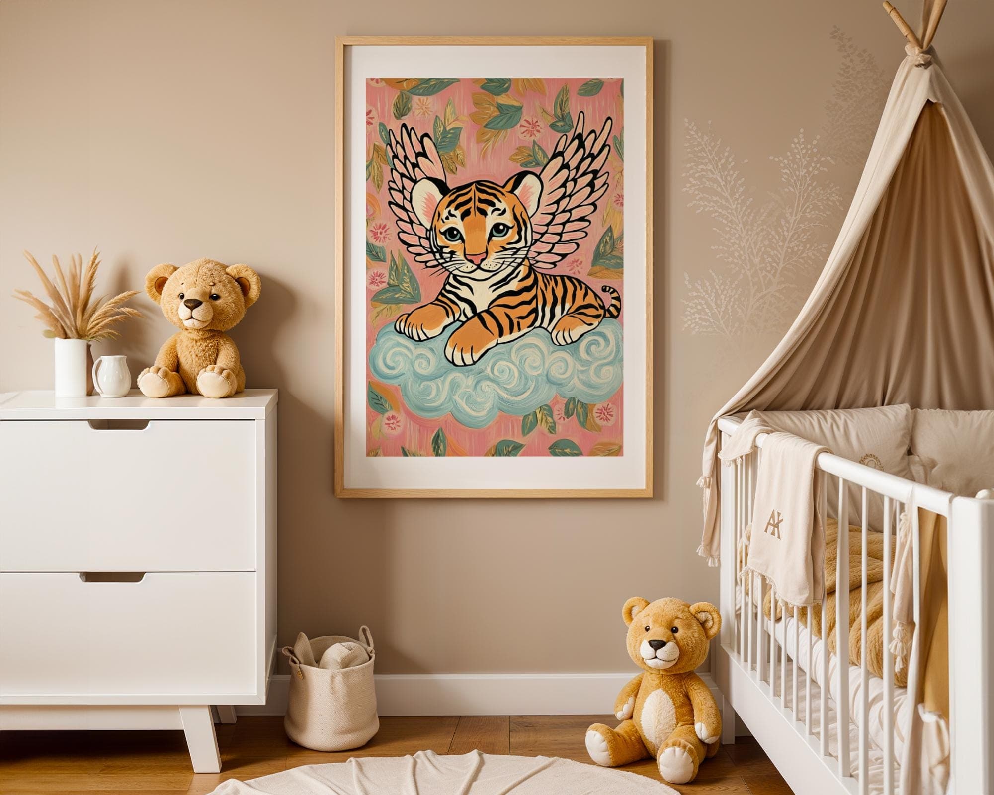 Winged Tiger Wall Art, Whimsical Pink Nursery Decor, Pink and Blue Nursery Art, Angelic Tiger Wall Art, Kids Room Tiger Wall Art, Baby Tiger - view 3