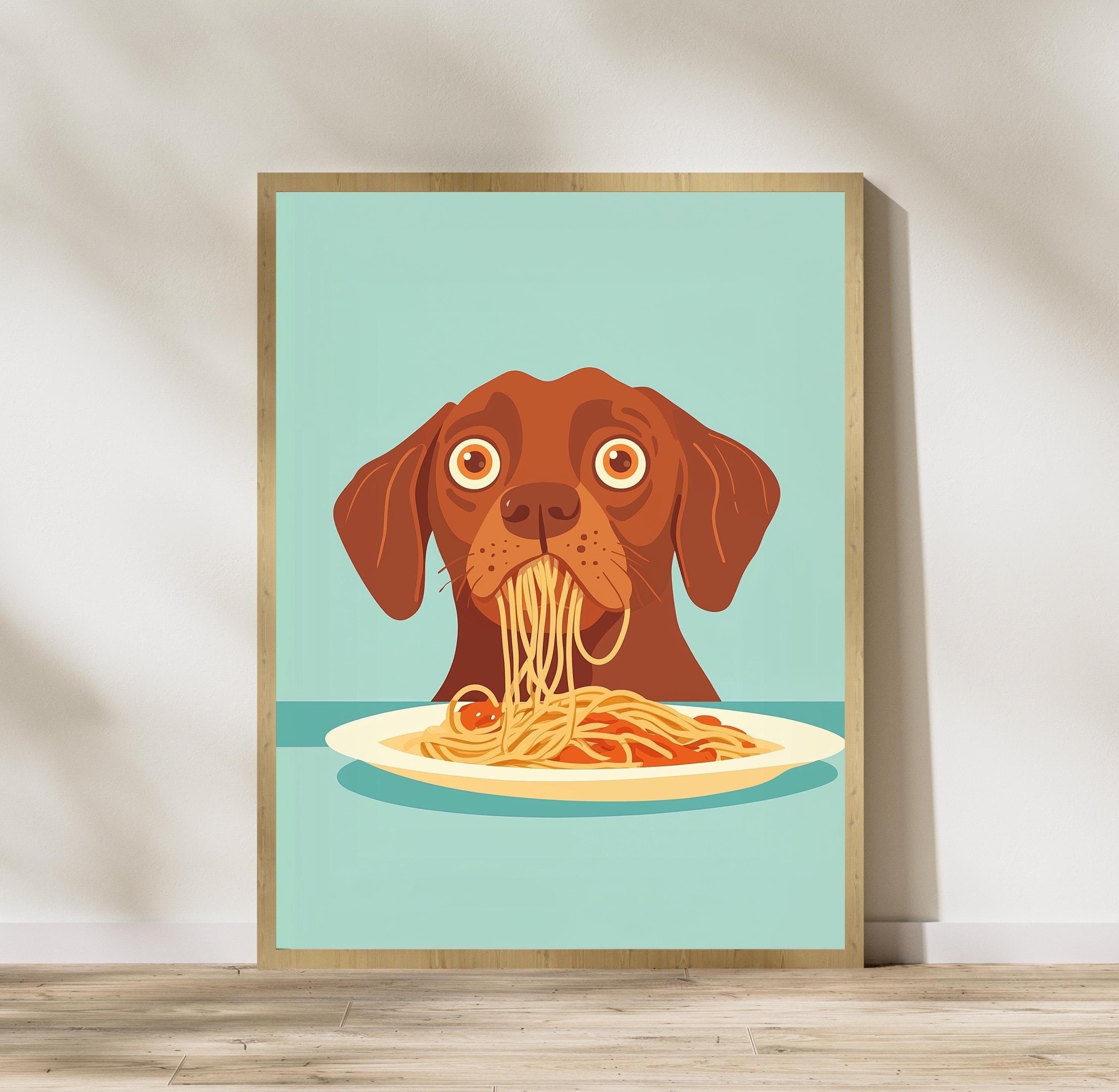 Brown Dog Spaghetti Art Print, Whimsical Dog Kitchen Decor, Brown Dog Pasta Print, Charming Dog Kitchen Print, Maximalist Dog Art, Dog Art