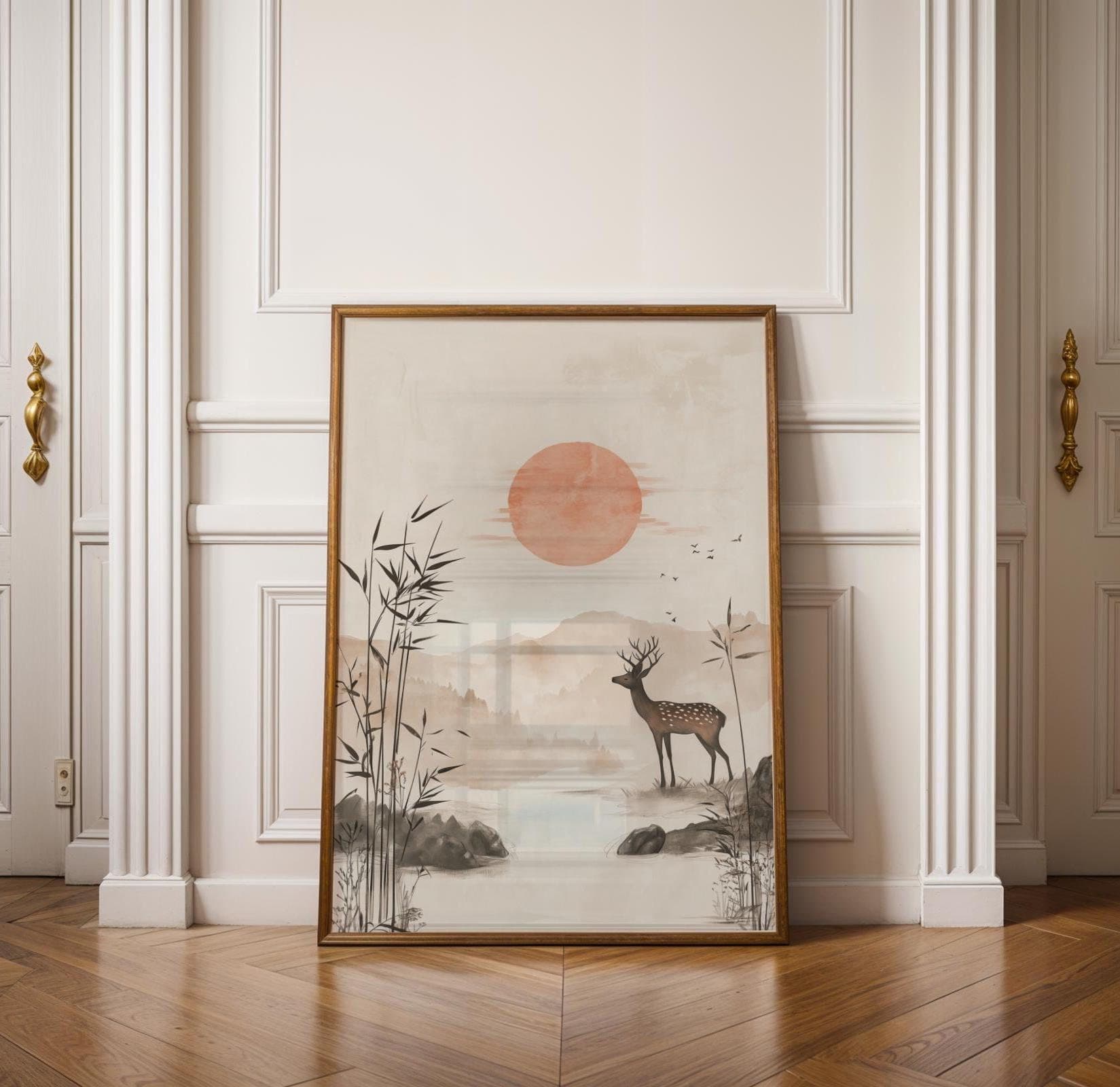 Japandi Deer Print – Minimalist Zen Bamboo Forest Wall Art (Digital Download)