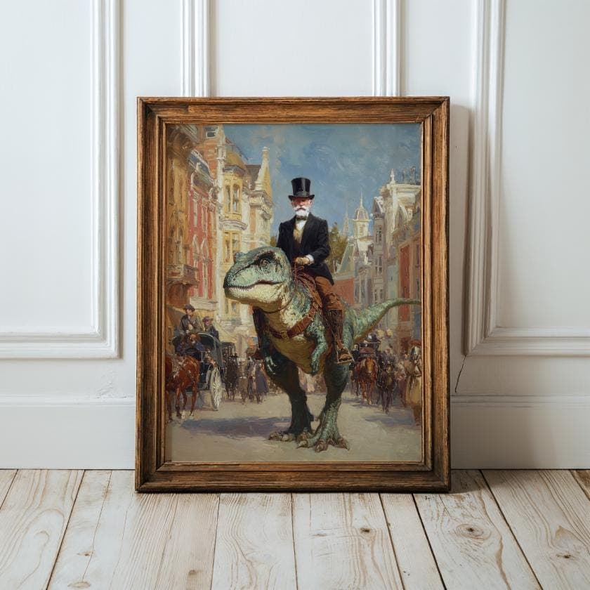Victorian Gentleman Riding Dinosaur Wall Art, Historical Surrealism Home Decor, Funny Vintage Printable Art, Surrealist Digital Art