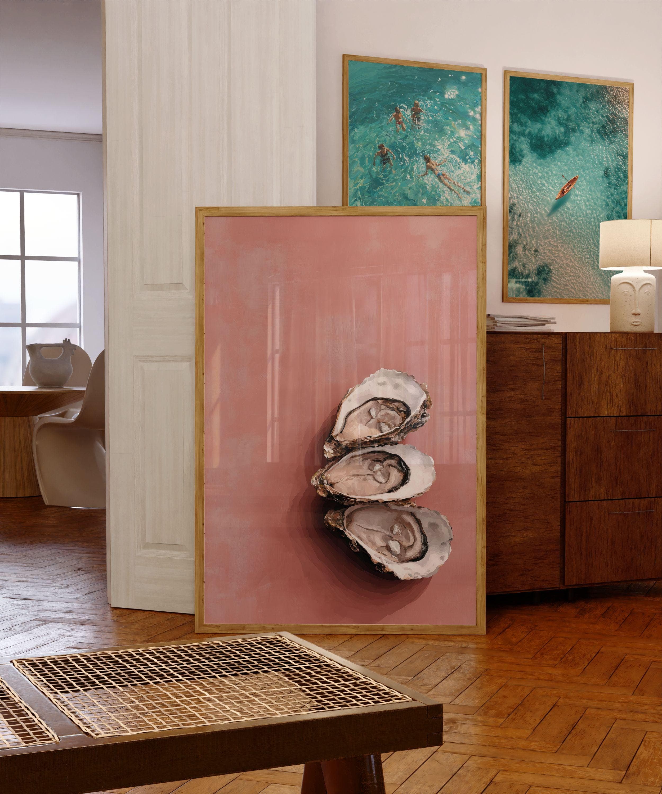 Oyster Wall Art Print, Pink Coastal Kitchen Decor, Pink Oyster Painting, Seafood Wall Art, Beach House Dining Room Decor, Oyster Still Life