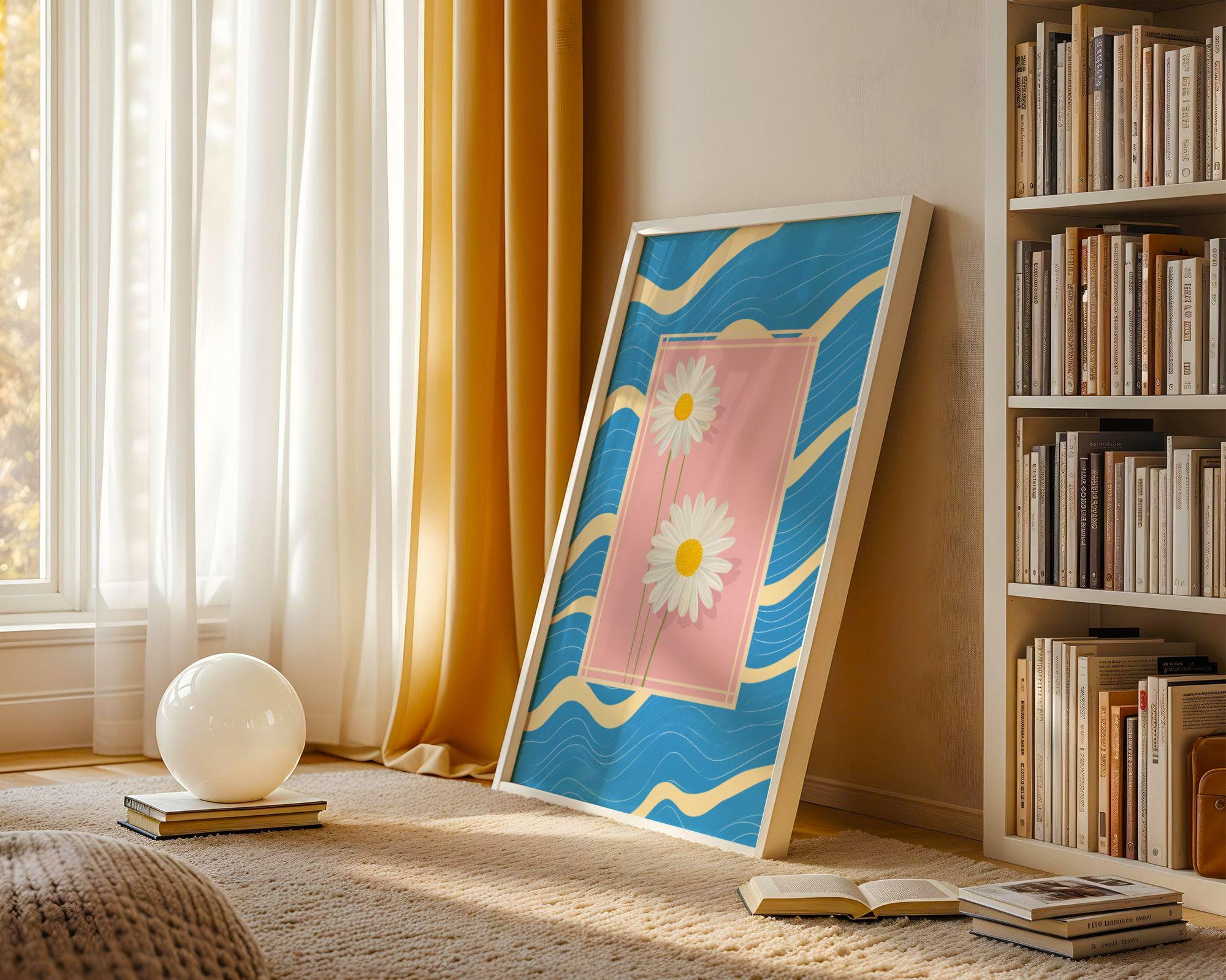 Daisy Flower Wall Art – Pastel Pink and Blue Retro Print, Coquette Room Decor, Cottagecore Daisy Poster, Coastal Floral Art, Pink Floral Art - view 3
