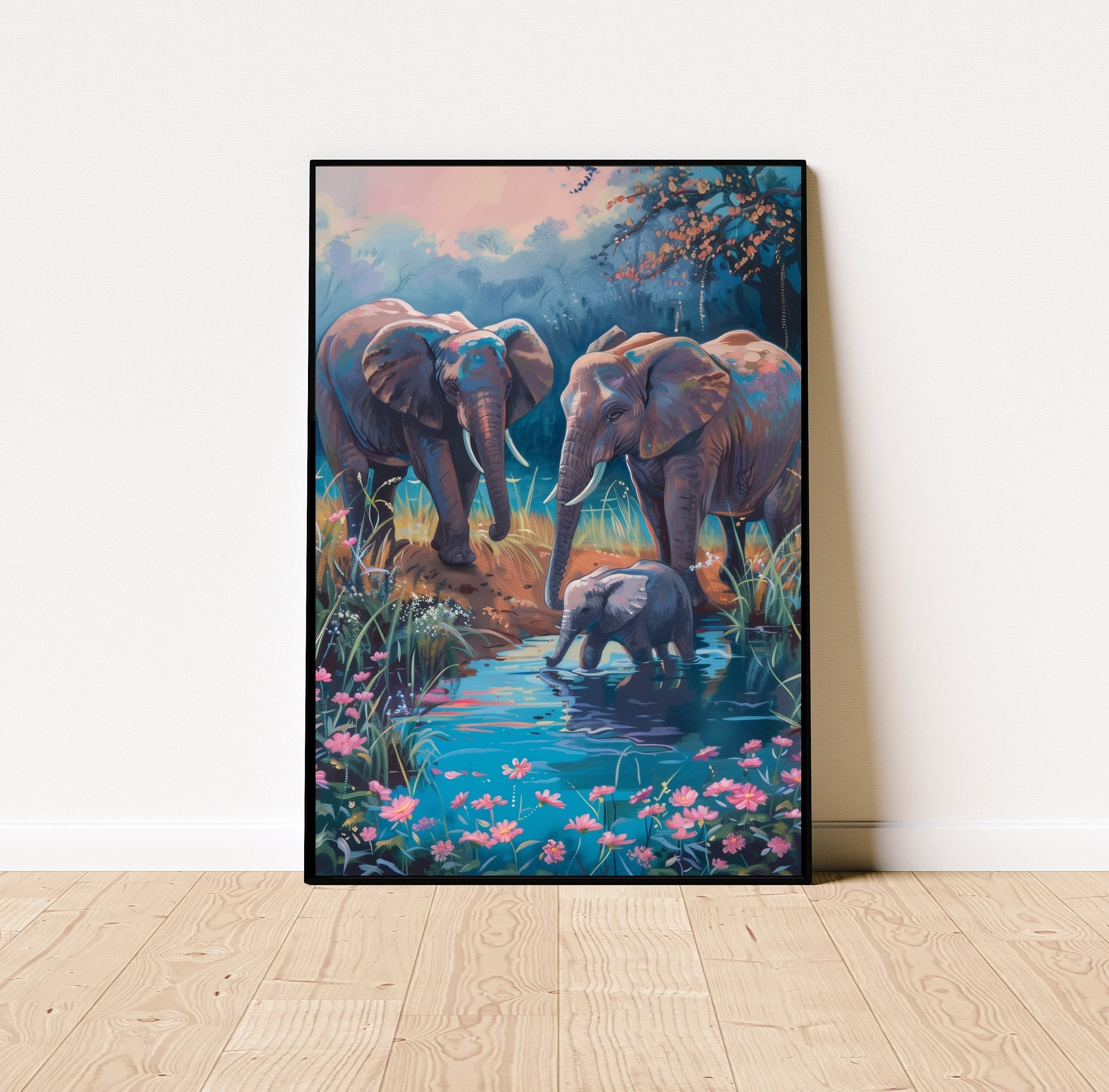 Elephant Family Poster, Oil Painting, Colorful Elephants in Nature Poster, Elephant Family in Nature Oil Painting, Elephants Oil Painting