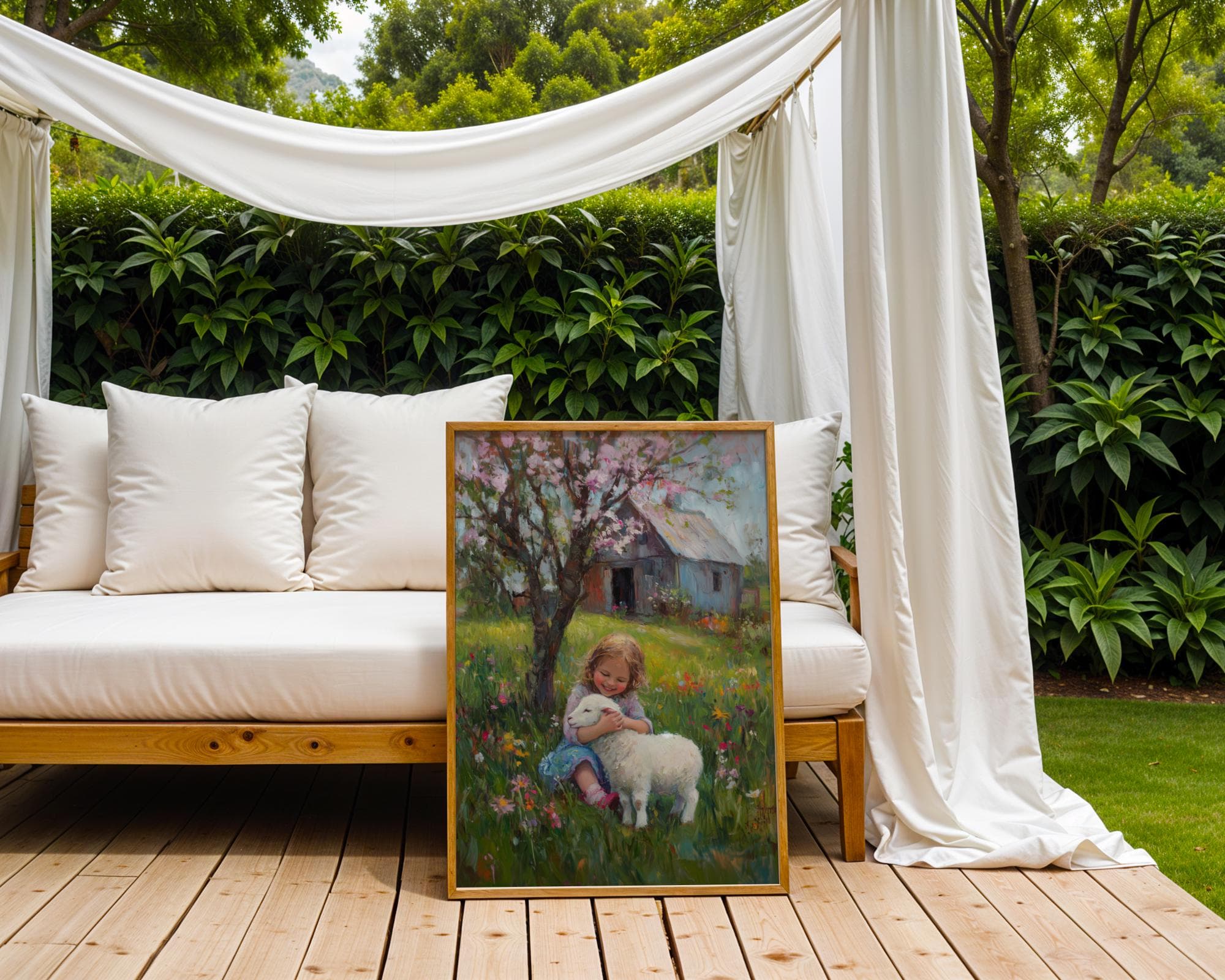 Pastoral Girl and Lamb Wall Art, Cottagecore Wall Decor, Floral Pastoral Art, Vintage Countryside Girl and Sheep Painting, Nature Wall Decor - view 5