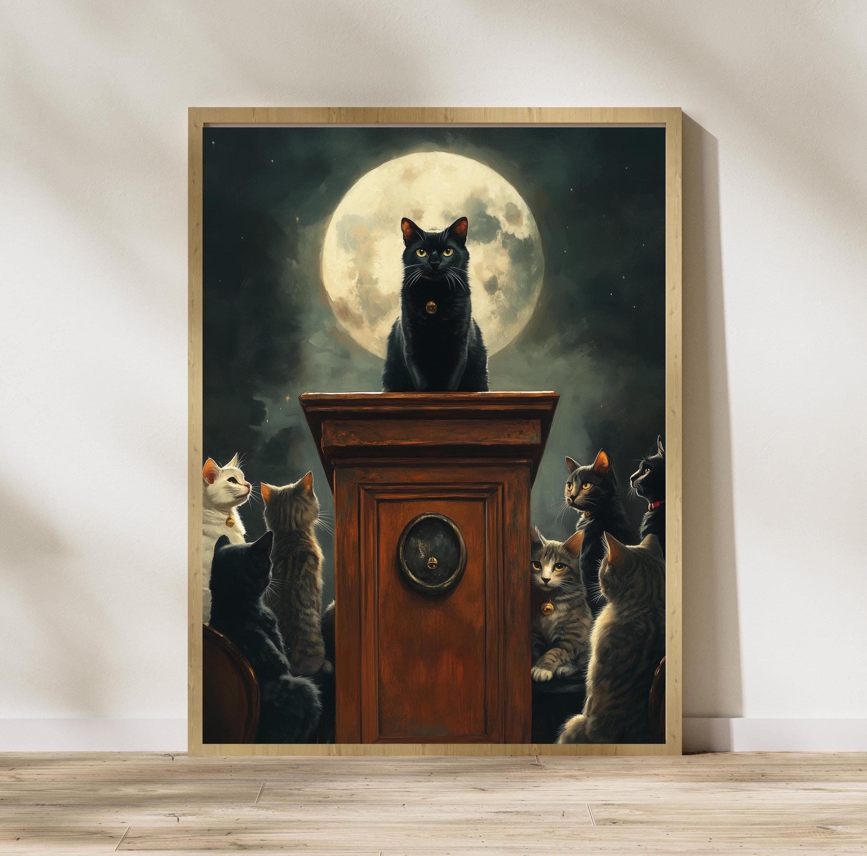 Full Moon Cat Illustration, Whimsical Cat Gathering Art, Black Cat and Moon Poster, Black Cat Leader Poster, Mysterious Black Cat Poster