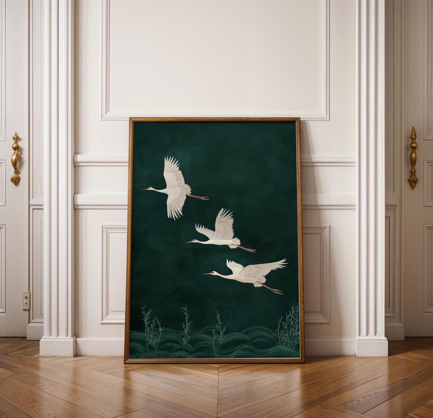 Japanese Cranes in Flight on Emerald Green, Japandi Digital Download, Emerald Art, Japandi Decor, Boho Bird Art, Wabi Sabi Wall Art