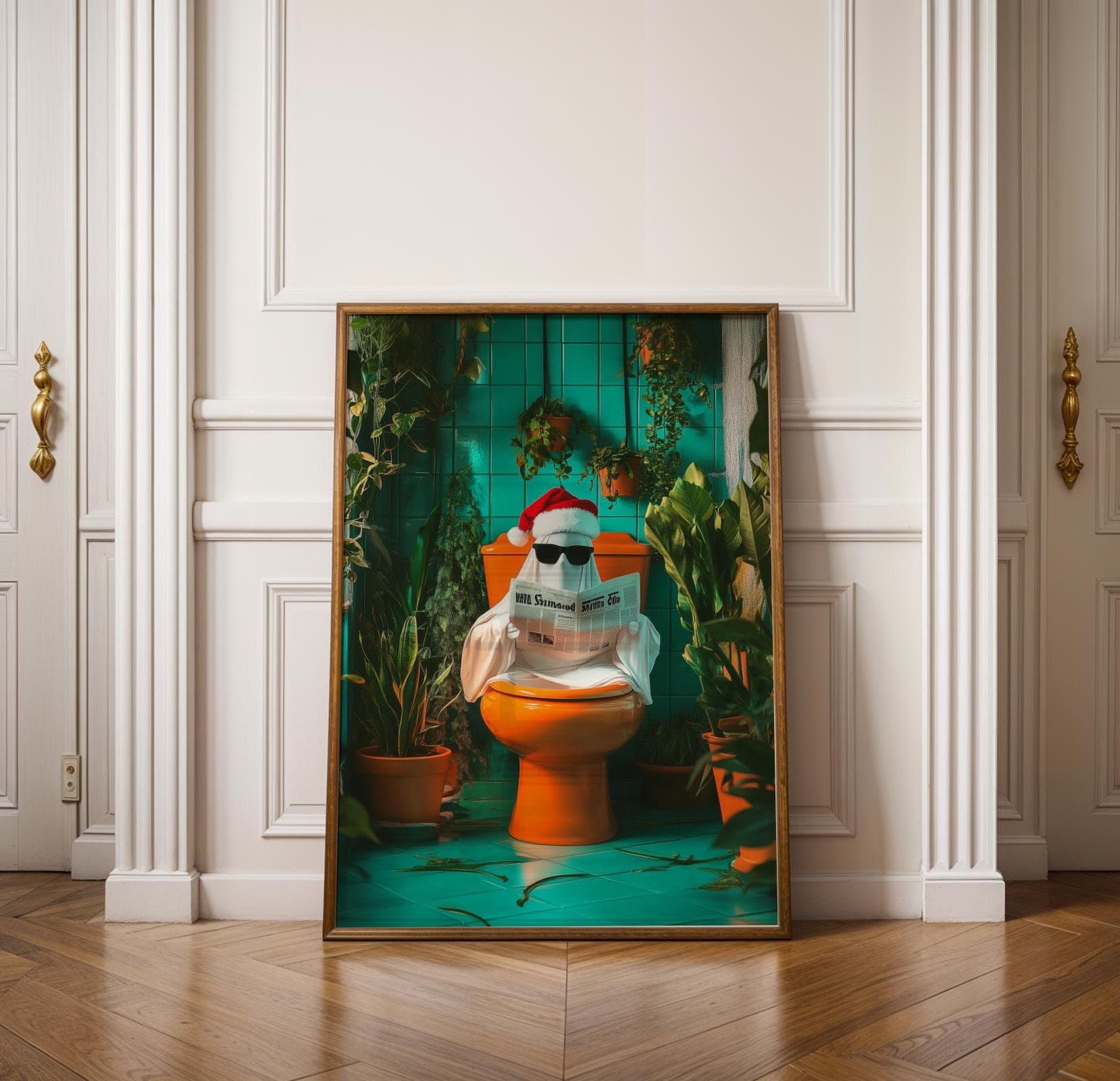 Funny Ghost Bathroom Art, Funny Ghost on Toilet, Funny Bathroom Decor, Retro Orange Toilet Art - Funky Bathroom Decor, Quirky Toilet Print