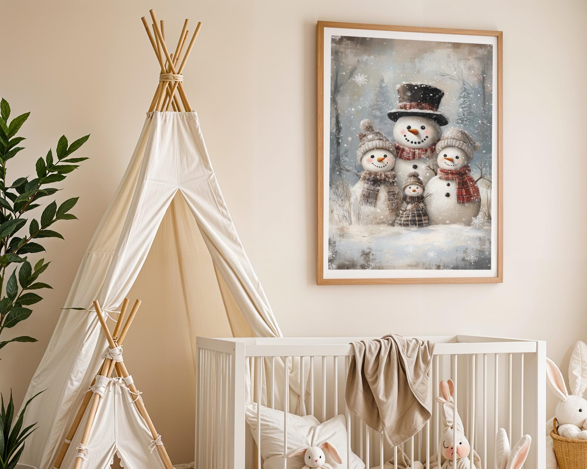 Vintage Snowman Family Painting | Printable Wall Art | Nursery Holiday Wall Decor | Antique Christmas Wall Art, Christmas Kids Room Wall Art - view 5