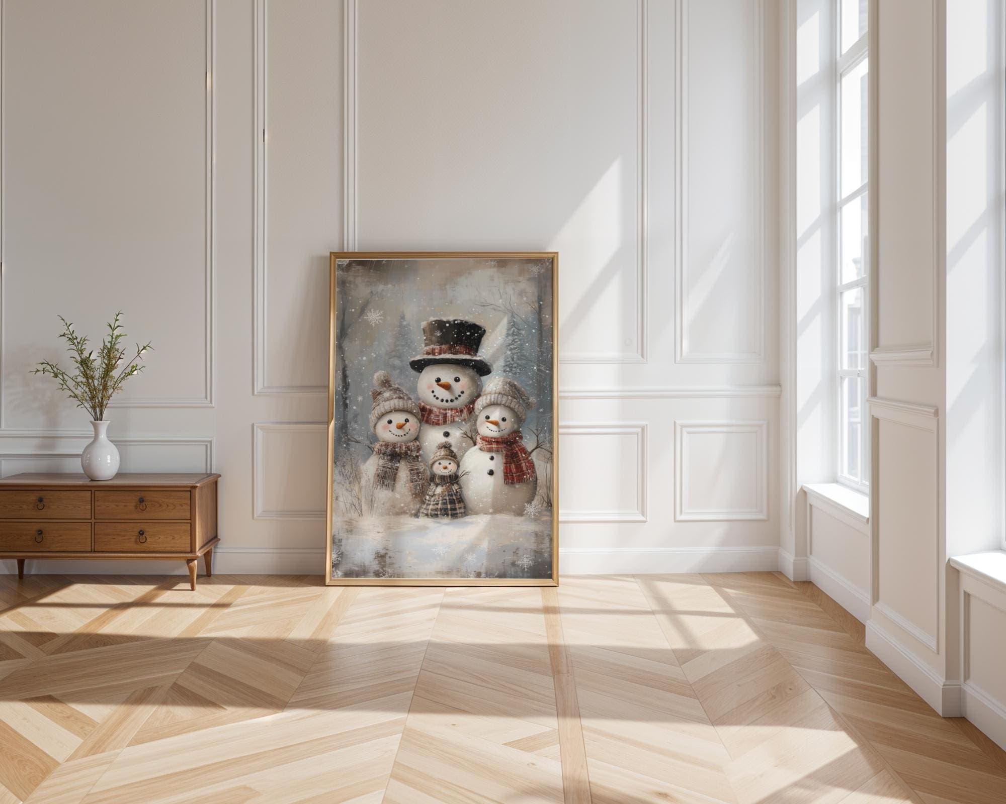 Vintage Snowman Family Painting | Printable Wall Art | Nursery Holiday Wall Decor | Antique Christmas Wall Art, Christmas Kids Room Wall Art - view 4
