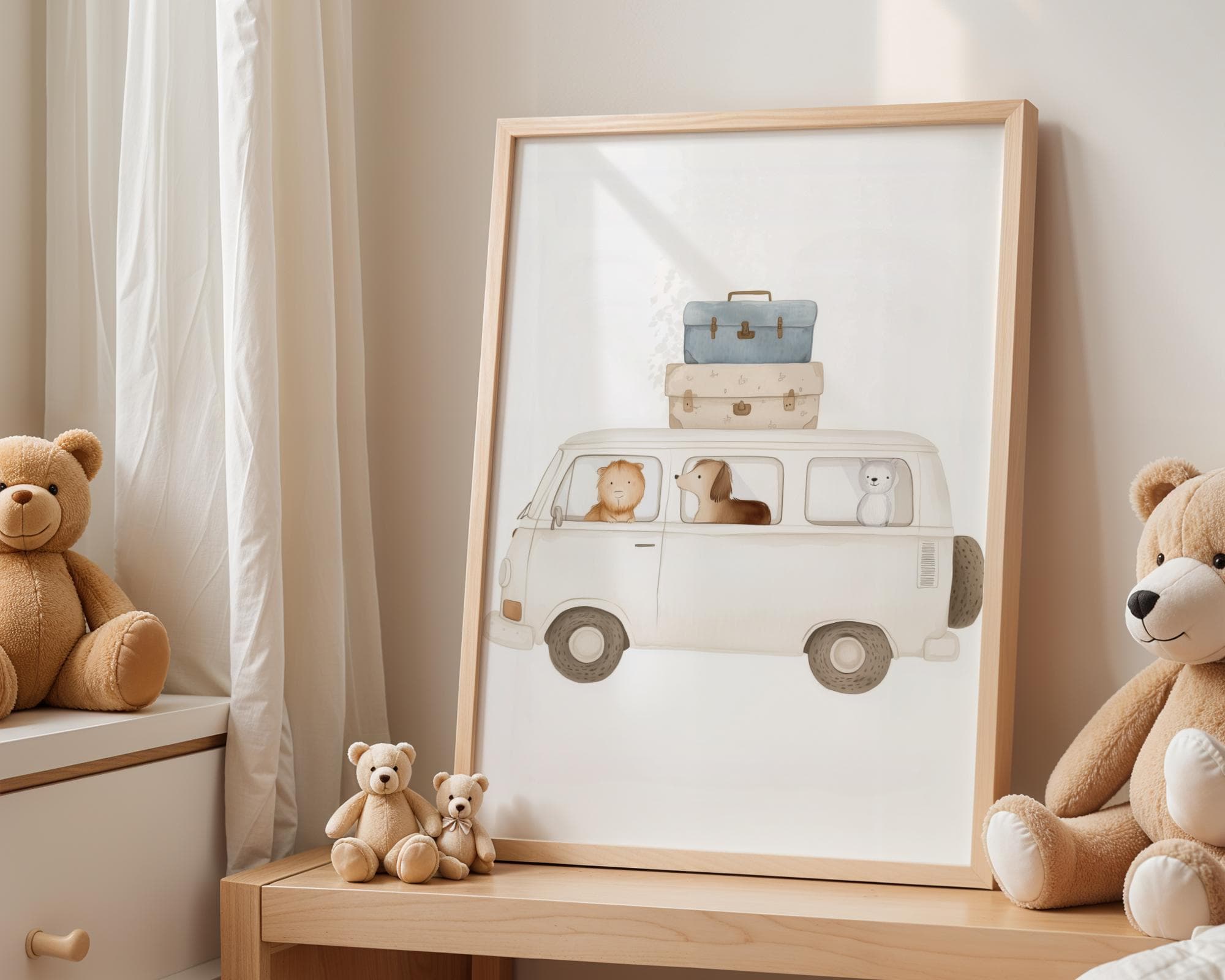 Boho Animal Van Art, Soft Neutral Aesthetic Art, Nursery and Kids’ Room Decor, Watercolor Animal Road Trip Art, Nurserywall Art, Printable - view 2