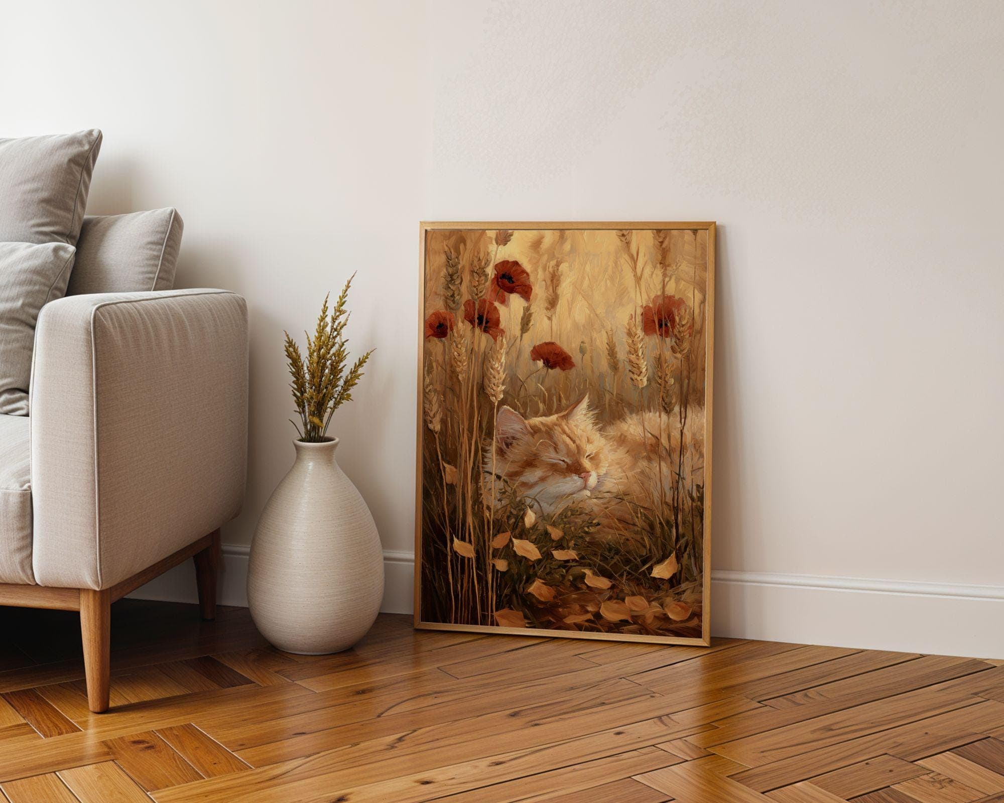 Cat Wall Art Print | Ginger Cat in Poppy Field, Cottagecore Cat Poster | Sleeping Tabby in Wheat, Nature Cat Poster, Tabby Cat in Wildflower - view 7