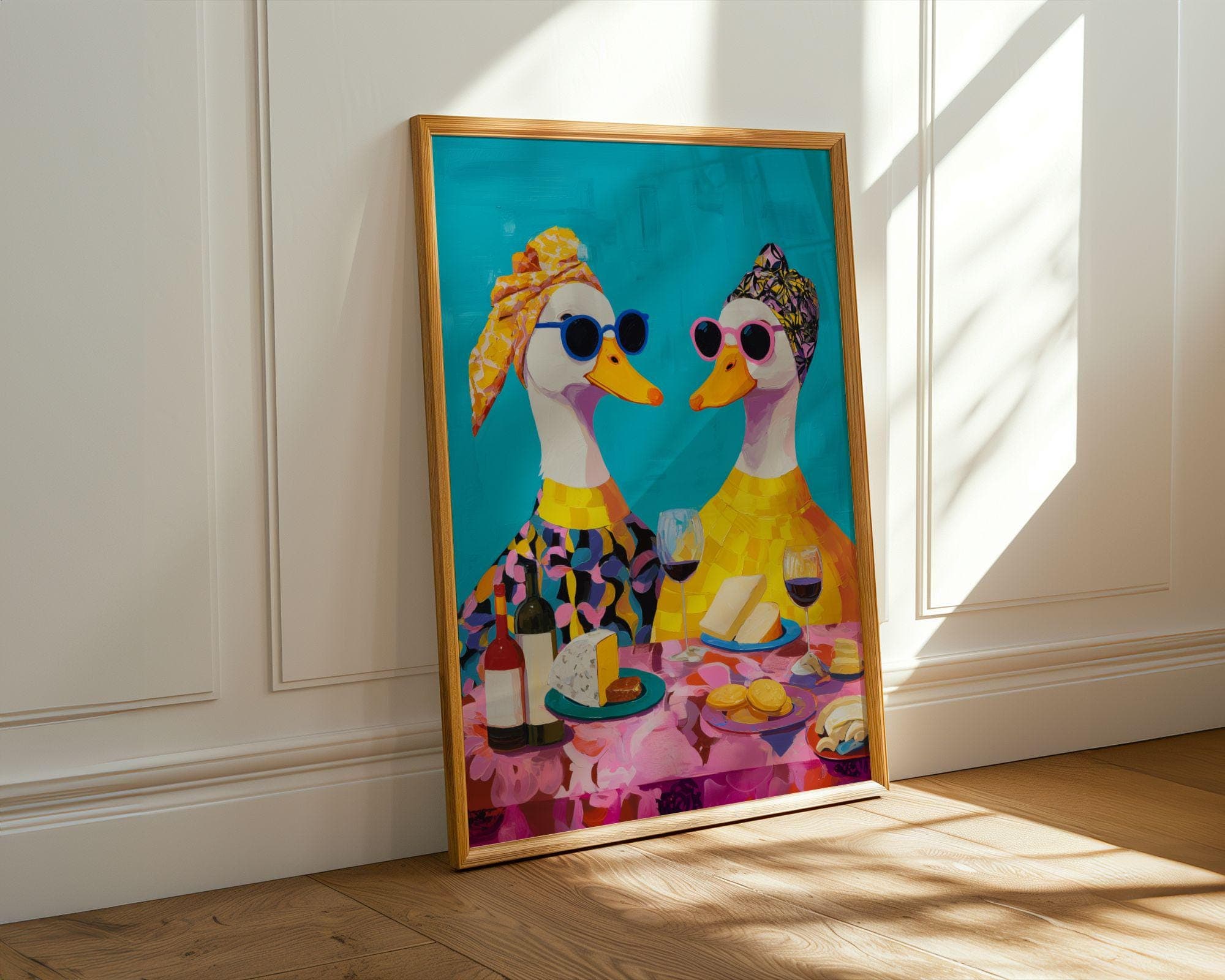 Funny Duck Couple Kitchen Wall Art, Colorful Duck Wine Dinner Art, Whimsical Duck Couple Painting, Pop Art Duck Kitchen Decor, Wine Lover - view 2