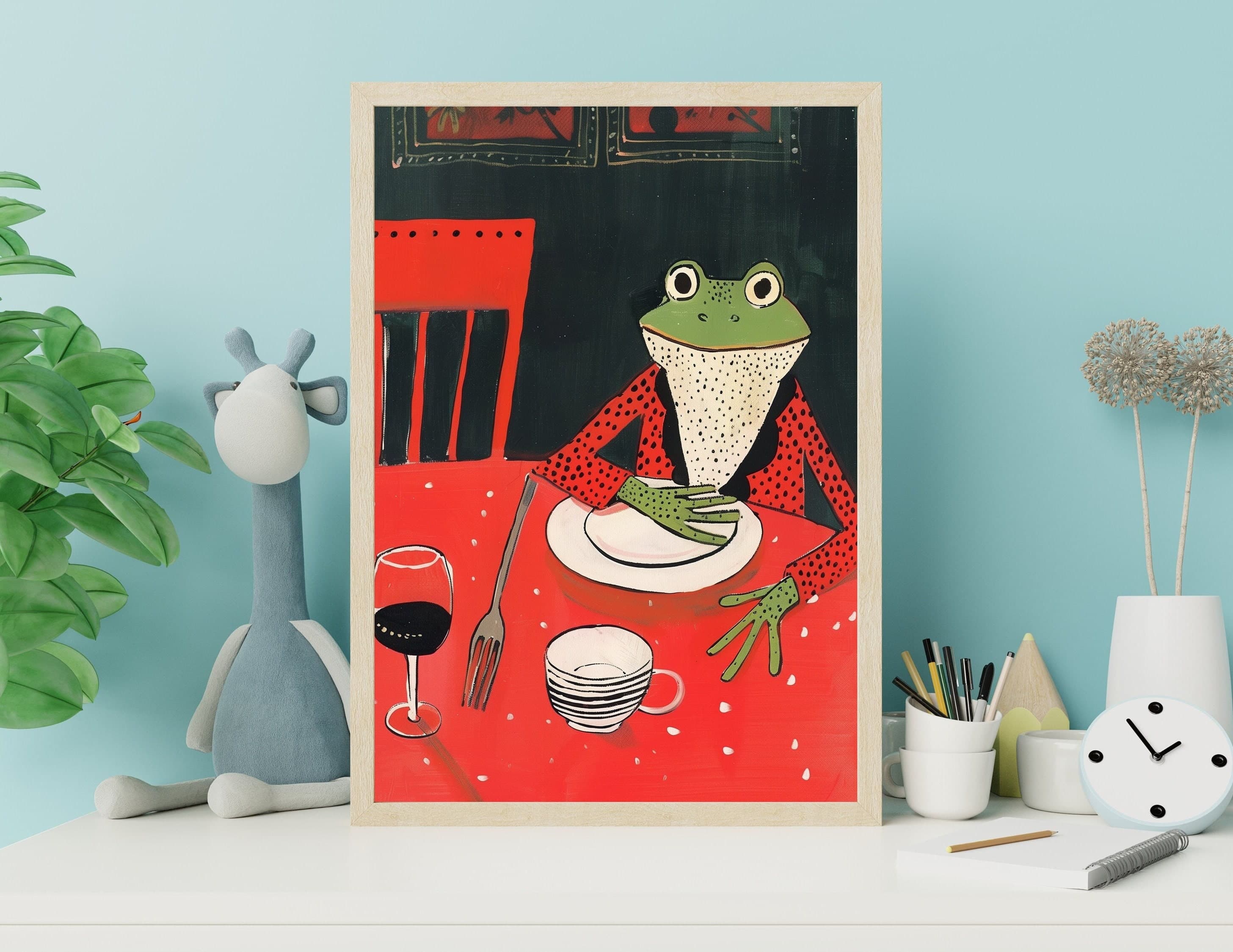 Frog at the Dinner Print, Frog Doing Things, Animal Lover Gift, Funny Frog Poster, Abstract Art, Minimalist Frog Art, Pet Lover Unique Gift - view 5