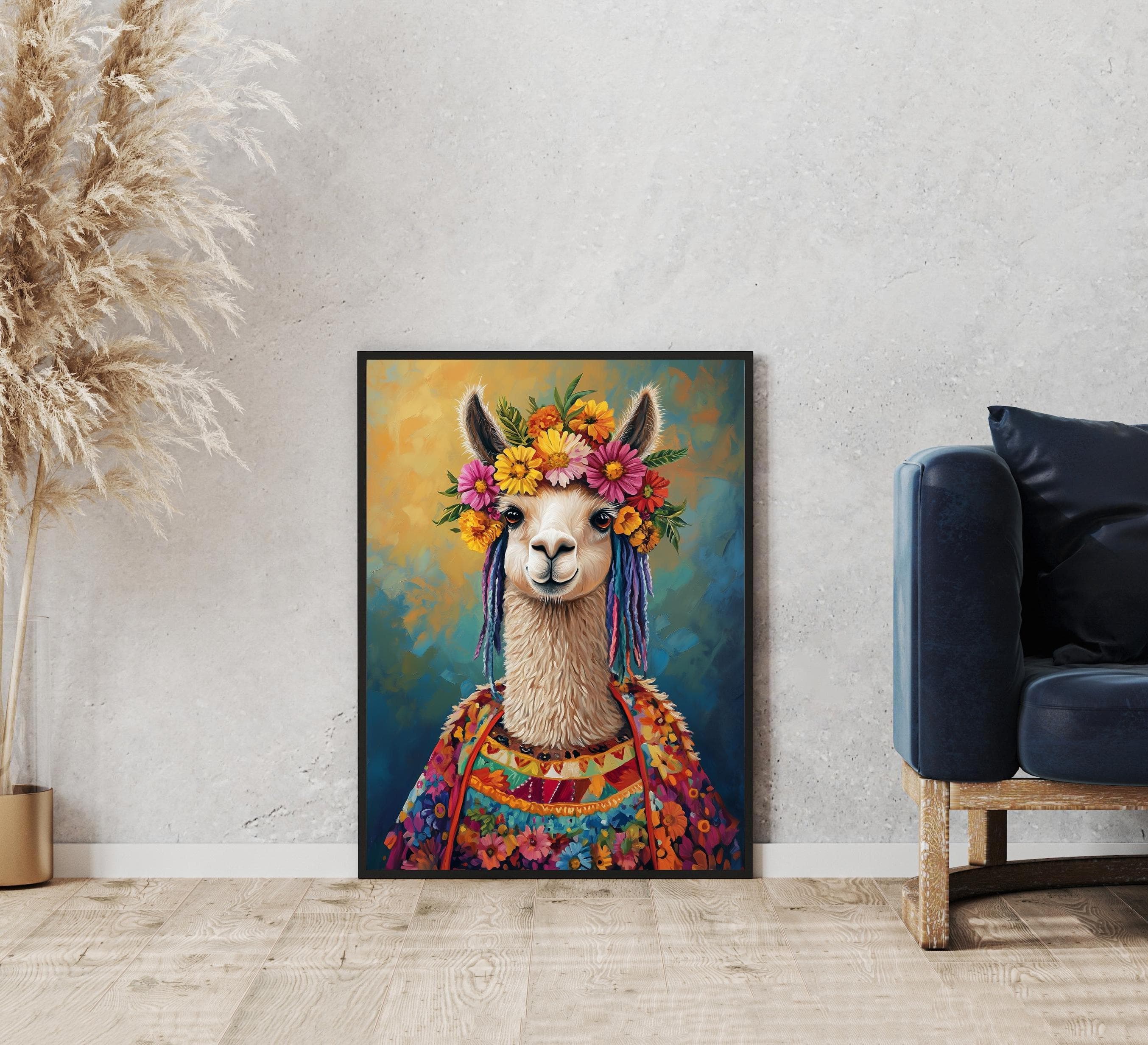 Eclectic Llama Art Print, Boho Wall Art, Colorful Llama Wall Art – Bohemian Animal Painting with Flowers, Whimsical Llama Art, Llama Poster - view 5