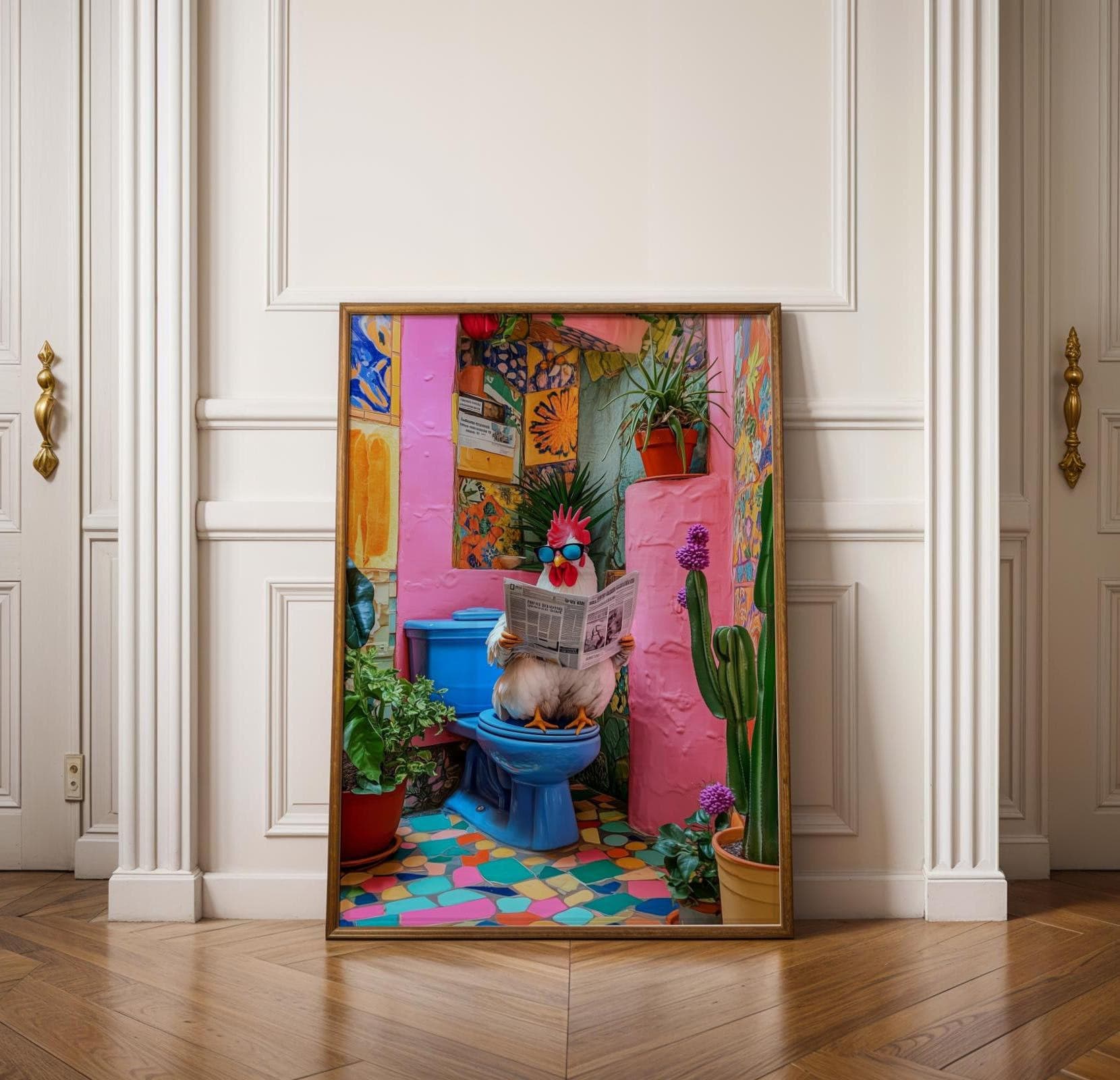Funny Rooster Bathroom Wall Art, Funny Chicken Bathroom Art, Rooster on Toilet Funny Bathroom Decor, Quirky Farmhouse Decor, Funky Rooster