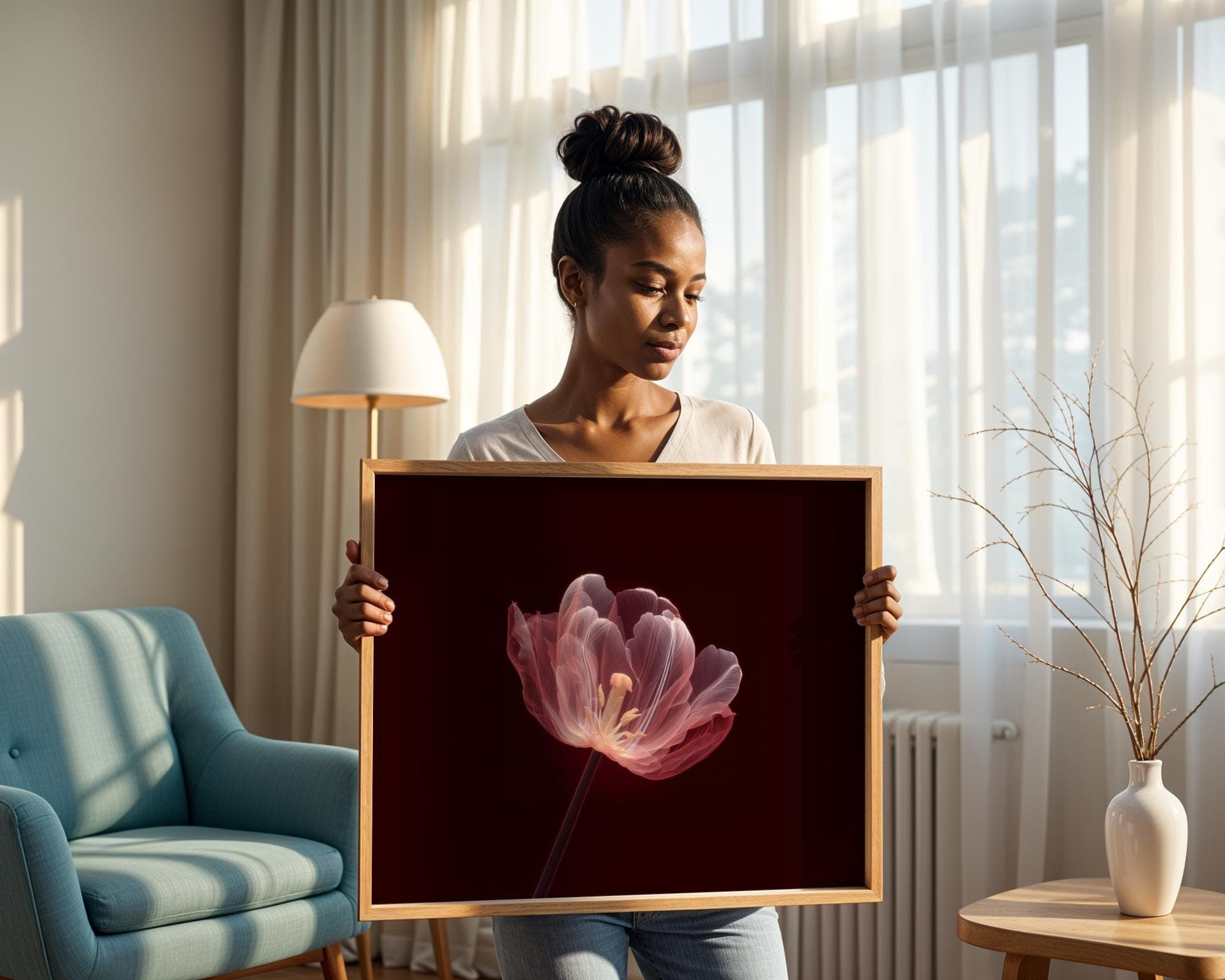 Red Tulip Flower Wall Art X-Ray Botanical Print, Moody Floral Print, Deep Burgundy Background, Pink Flower Wall Art, Tulip Art Print - view 3
