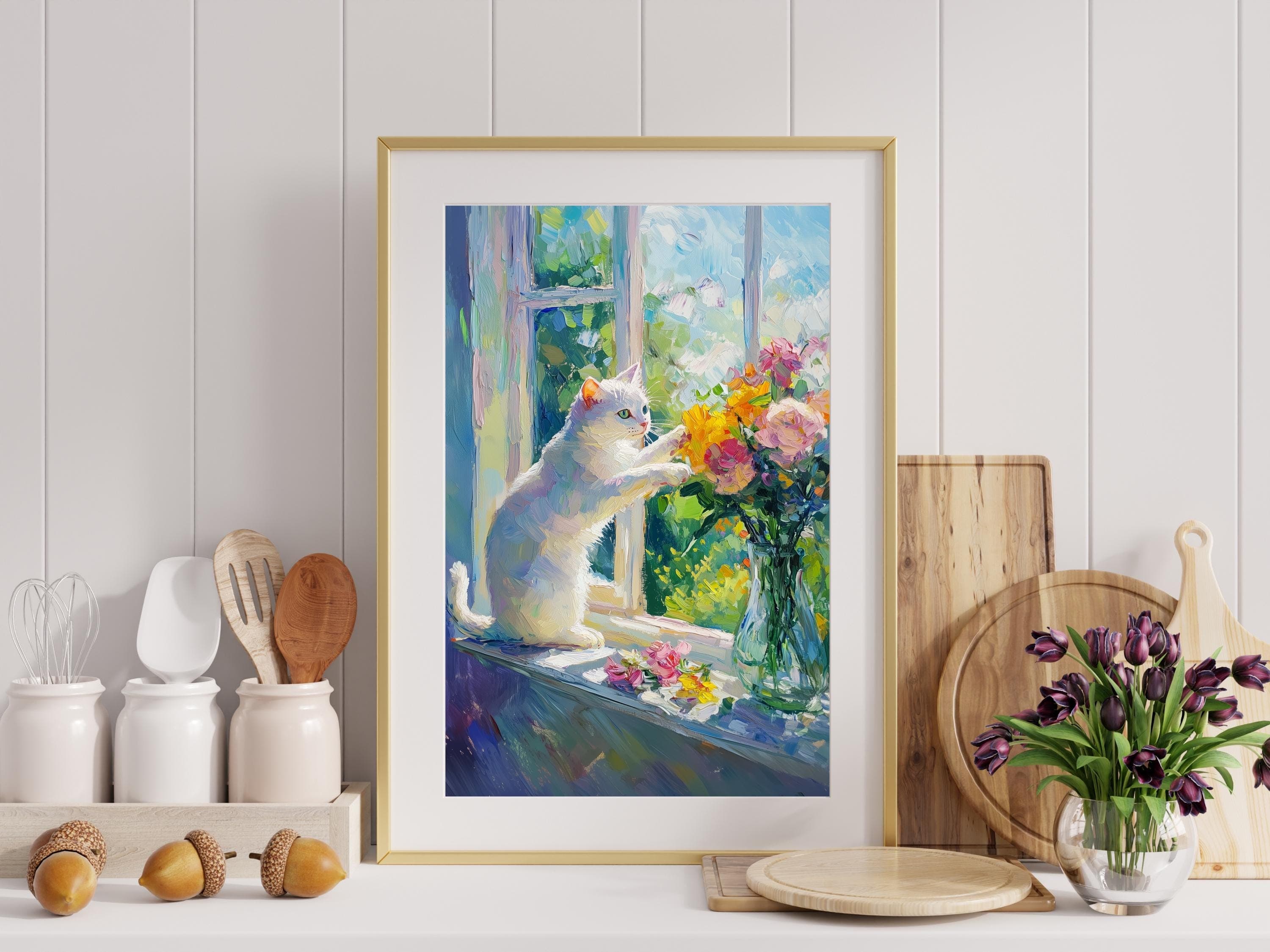 Whimsical White Cat Art, Colorful Oil Painting, White Cat and Flowers Digital Wall Art, Cat Mom Gift, Colorful Home Decor White Cat Painting - view 2