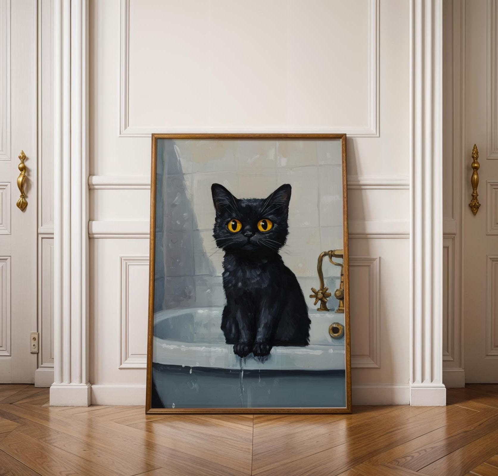 Wet Cat in Bathtub Art - Funny Black Cat Poster, Black Cat in Bathtub Painting, Stylish Cat Bathroom Decor - Moody Black Kitten Art
