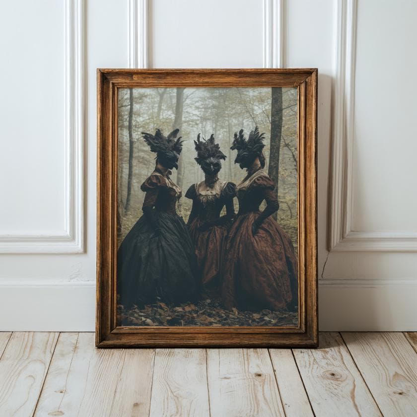 Gothic Crow Mask Women Wall Art – Dark Forest Surreal Print, Dark Fantasy Rococo Decor, Gothic Wall Decor, Eerie Surreal Print, Dark Decor