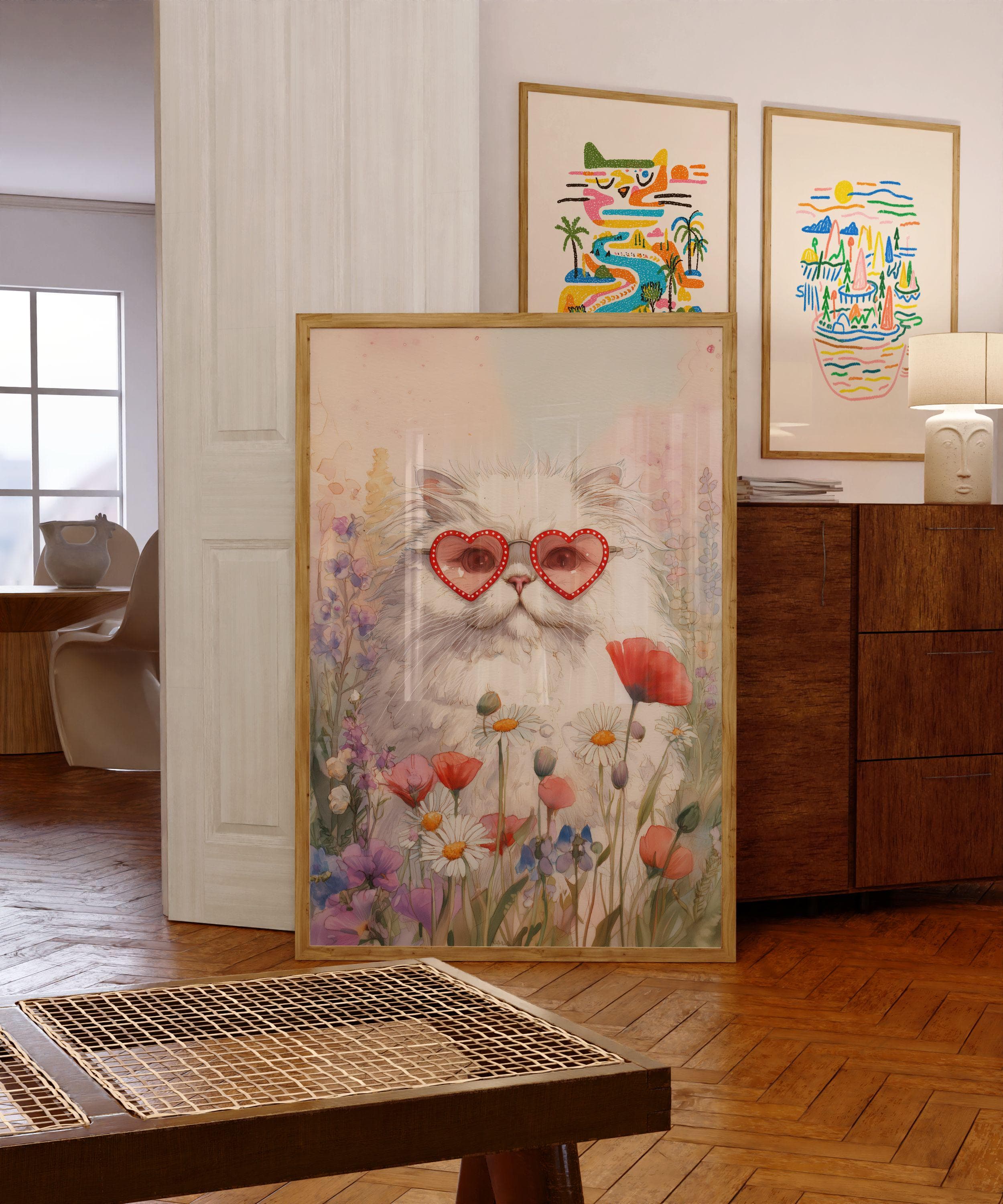 Cute Cat Wall Art Print, Watercolor White Cat in Heart Sunglasses, Floral Meadow, Pink Girly Decor, Cottagecore Cat Wall Art, Kidsroom Art
