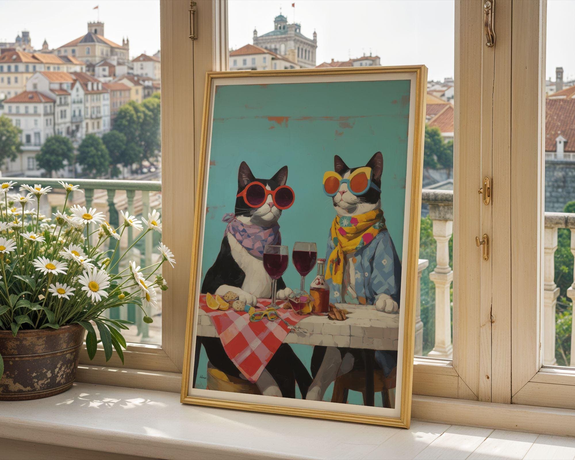 Funny Cat Couple Wall Art, Whimsical Cat Wine Print, Colorful Animal Painting, Dining Room Kitchen Decor, Stylish Pet Art, Quirky Cat Decor - view 2