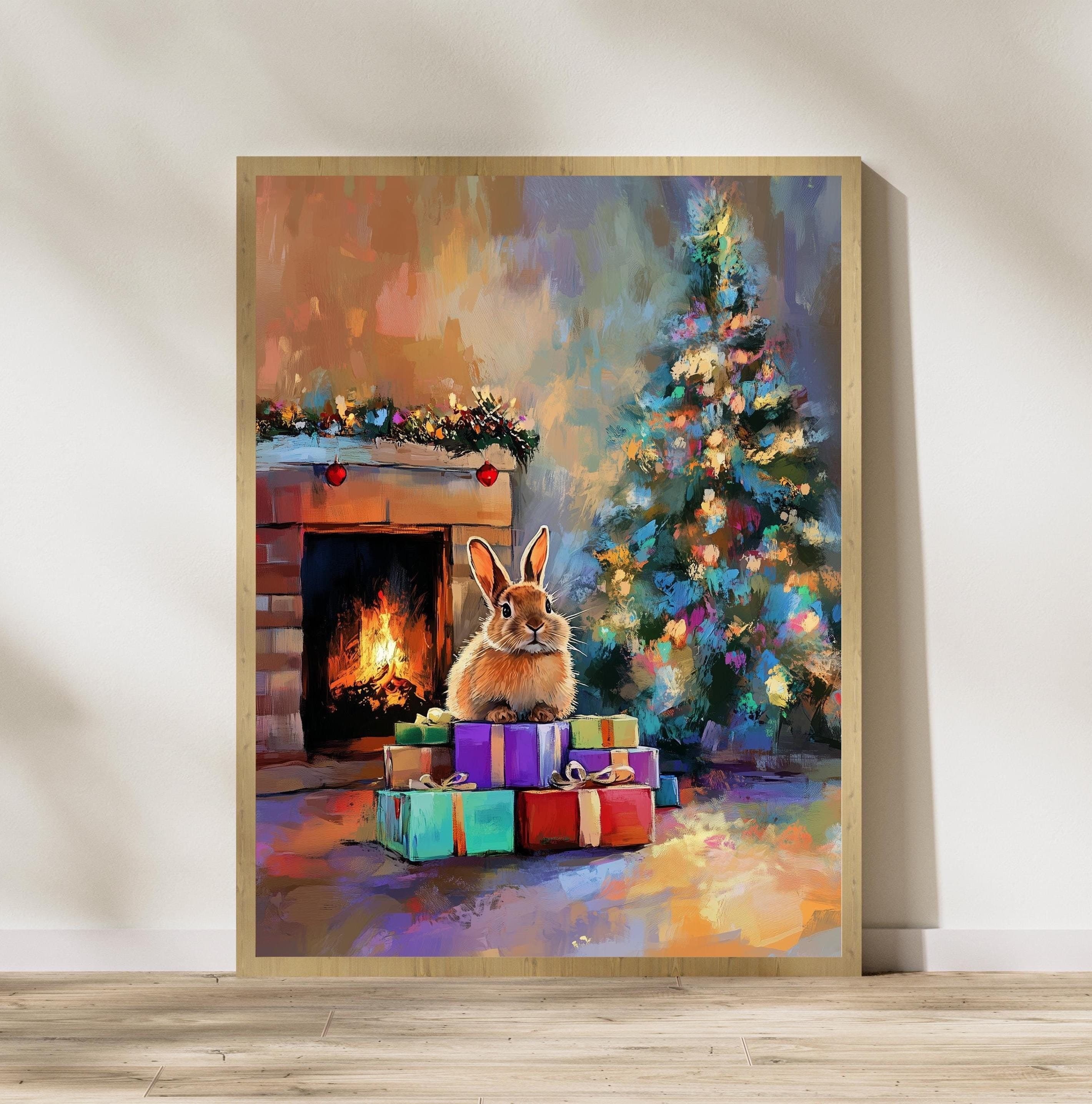 Cute Bunny Christmas Art, Festive Animal Art, Rabbit Christmas Art, Winter Home Decor, Cute Winter Art Print, Digital Bunny Christmas Art