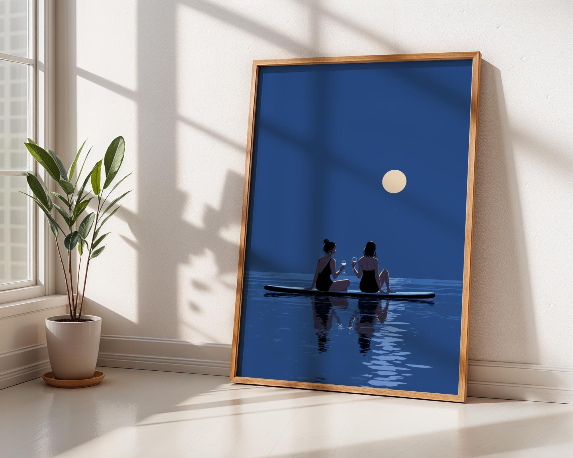 Moonlight Paddle Board Wall Art, Friendship Ocean Night Print, Romantic Full Moon Poster, Full Moon Beach Art Print,Blue Coastal Night Print - view 4
